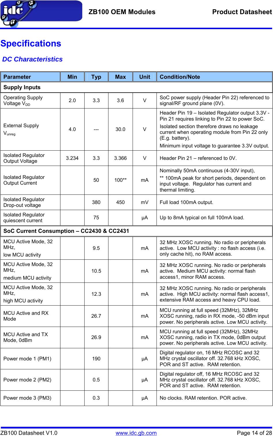   ZB100 OEM Modules  Product Datasheet    ZB100 Datasheet V1.0   www.idc.gb.com    Page 14 of 28 Specifications  DC Characteristics  Parameter  Min  Typ  Max  Unit  Condition/Note Supply Inputs Operating Supply Voltage VDD 2.0 3.3 3.6  V SoC power supply (Header Pin 22) referenced to signal/RF ground plane (0V). External Supply Vunreg 4.0 --- 30.0 V Header Pin 19 – Isolated Regulator output 3.3V - Pin 21 requires linking to Pin 22 to power SoC. Isolated section therefore draws no leakage current when operating module from Pin 22 only (E.g. battery). Minimum input voltage to guarantee 3.3V output. Isolated Regulator Output Voltage  3.234  3.3  3.366  V  Header Pin 21 – referenced to 0V. Isolated Regulator Output Current   50 100** mA Nominally 50mA continuous (4-30V input),  ** 100mA peak for short periods, dependent on input voltage.  Regulator has current and thermal limiting. Isolated Regulator Drop-out voltage   380 450 mV Full load 100mA output. Isolated Regulator quiescent current    75    µA  Up to 8mA typical on full 100mA load. SoC Current Consumption – CC2430 &amp; CC2431 MCU Active Mode, 32 MHz, low MCU activity  9.5  mA 32 MHz XOSC running. No radio or peripherals active.  Low MCU activity : no flash access (i.e. only cache hit), no RAM access. MCU Active Mode, 32 MHz, medium MCU activity  10.5   mA 32 MHz XOSC running. No radio or peripherals active.  Medium MCU activity: normal flash access1, minor RAM access. MCU Active Mode, 32 MHz, high MCU activity  12.3   mA 32 MHz XOSC running. No radio or peripherals active.  High MCU activity: normal flash access1, extensive RAM access and heavy CPU load. MCU Active and RX Mode   26.7   mA MCU running at full speed (32MHz), 32MHz XOSC running, radio in RX mode, -50 dBm input power. No peripherals active. Low MCU activity. MCU Active and TX Mode, 0dBm   26.9   mA MCU running at full speed (32MHz), 32MHz XOSC running, radio in TX mode, 0dBm output power. No peripherals active. Low MCU activity. Power mode 1 (PM1)    190    µA Digital regulator on, 16 MHz RCOSC and 32 MHz crystal oscillator off. 32.768 kHz XOSC, POR and ST active.  RAM retention. Power mode 2 (PM2)    0.5    µA Digital regulator off, 16 MHz RCOSC and 32 MHz crystal oscillator off. 32.768 kHz XOSC, POR and ST active.  RAM retention. Power mode 3 (PM3)    0.3    µA  No clocks. RAM retention. POR active. 