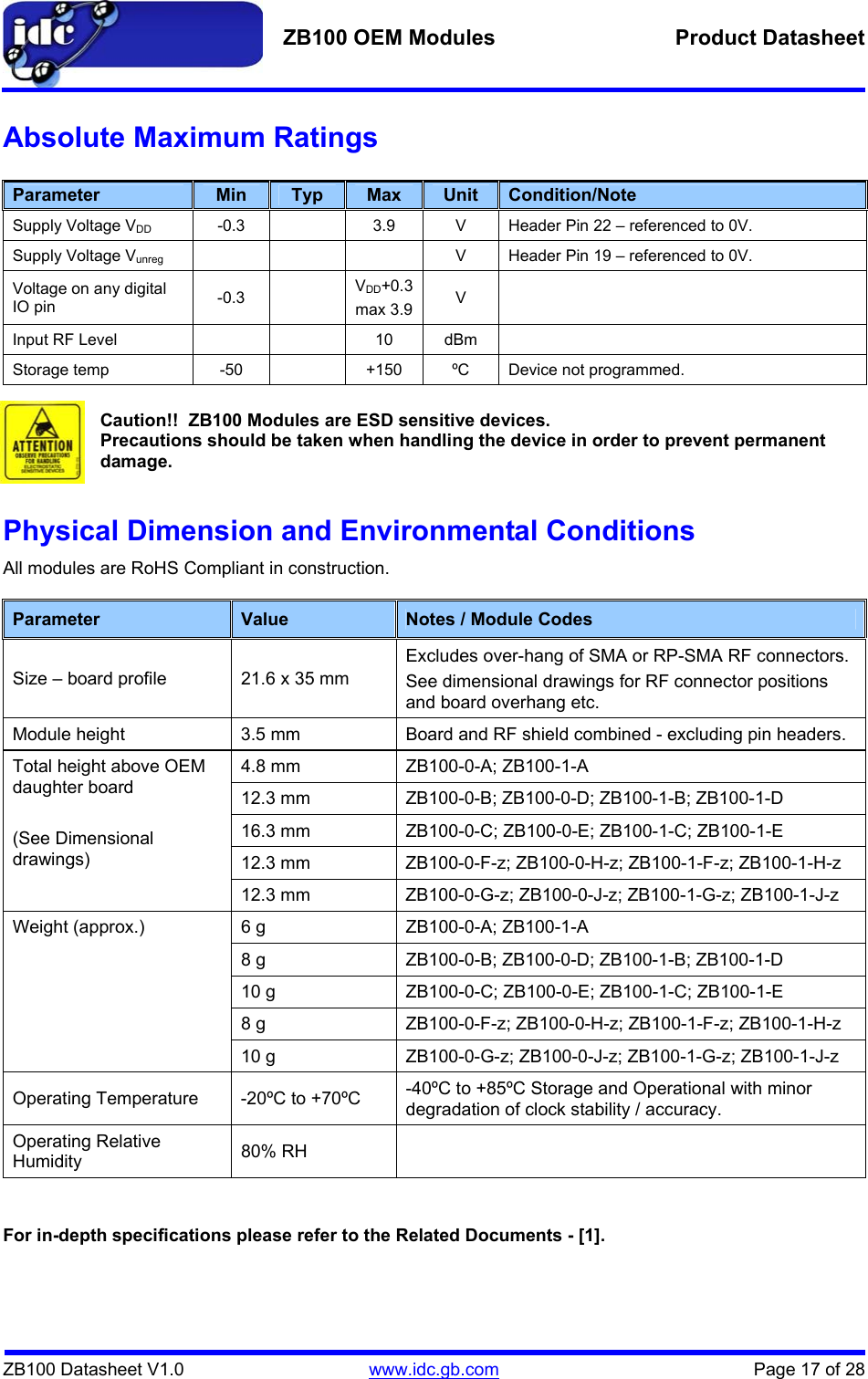   ZB100 OEM Modules  Product Datasheet    ZB100 Datasheet V1.0   www.idc.gb.com    Page 17 of 28 Absolute Maximum Ratings  Parameter  Min  Typ  Max  Unit  Condition/Note Supply Voltage VDD   -0.3    3.9  V  Header Pin 22 – referenced to 0V. Supply Voltage Vunreg        V  Header Pin 19 – referenced to 0V. Voltage on any digital  IO pin  -0.3  VDD+0.3 max 3.9  V  Input RF Level      10  dBm   Storage temp  -50    +150  ºC  Device not programmed.  Caution!!  ZB100 Modules are ESD sensitive devices.   Precautions should be taken when handling the device in order to prevent permanent damage.  Physical Dimension and Environmental Conditions All modules are RoHS Compliant in construction.  Parameter  Value  Notes / Module Codes Size – board profile  21.6 x 35 mm Excludes over-hang of SMA or RP-SMA RF connectors. See dimensional drawings for RF connector positions and board overhang etc. Module height  3.5 mm  Board and RF shield combined - excluding pin headers. 4.8 mm  ZB100-0-A; ZB100-1-A 12.3 mm  ZB100-0-B; ZB100-0-D; ZB100-1-B; ZB100-1-D 16.3 mm  ZB100-0-C; ZB100-0-E; ZB100-1-C; ZB100-1-E 12.3 mm  ZB100-0-F-z; ZB100-0-H-z; ZB100-1-F-z; ZB100-1-H-z Total height above OEM daughter board   (See Dimensional drawings) 12.3 mm  ZB100-0-G-z; ZB100-0-J-z; ZB100-1-G-z; ZB100-1-J-z 6 g  ZB100-0-A; ZB100-1-A 8 g  ZB100-0-B; ZB100-0-D; ZB100-1-B; ZB100-1-D 10 g  ZB100-0-C; ZB100-0-E; ZB100-1-C; ZB100-1-E 8 g  ZB100-0-F-z; ZB100-0-H-z; ZB100-1-F-z; ZB100-1-H-z Weight (approx.) 10 g  ZB100-0-G-z; ZB100-0-J-z; ZB100-1-G-z; ZB100-1-J-z Operating Temperature  -20ºC to +70ºC  -40ºC to +85ºC Storage and Operational with minor degradation of clock stability / accuracy. Operating Relative Humidity  80% RH    For in-depth specifications please refer to the Related Documents - [1]. 