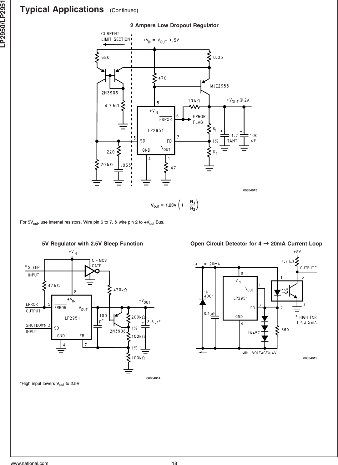 Typical Applications (Continued)2 Ampere Low Dropout Regulator00854613For 5Vout, use internal resistors. Wire pin 6 to 7, & wire pin 2 to +Vout Bus.5V Regulator with 2.5V Sleep Function00854614*High input lowers Vout to 2.5VOpen Circuit Detector for 4 →20mA Current Loop00854615LP2950/LP2951www.national.com 18