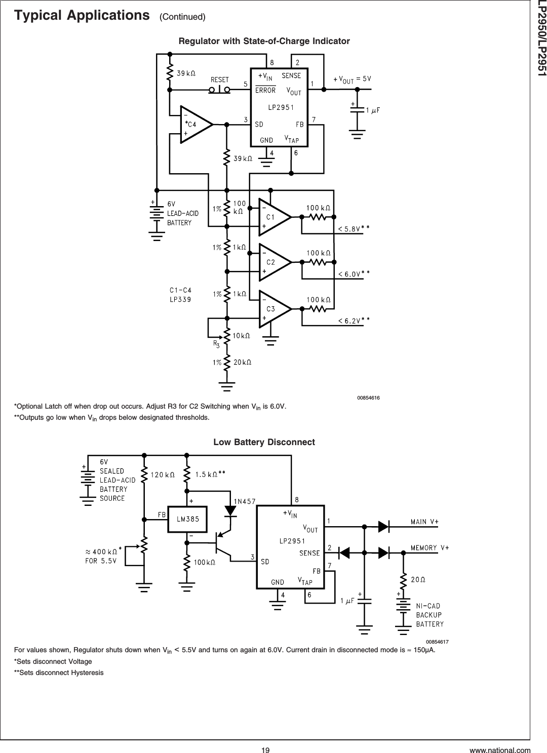 Typical Applications (Continued)Regulator with State-of-Charge Indicator00854616*Optional Latch off when drop out occurs. Adjust R3 for C2 Switching when Vin is 6.0V.**Outputs go low when Vin drops below designated thresholds.Low Battery Disconnect00854617For values shown, Regulator shuts down when Vin <5.5V and turns on again at 6.0V. Current drain in disconnected mode is ≈150µA.*Sets disconnect Voltage**Sets disconnect HysteresisLP2950/LP2951www.national.com19