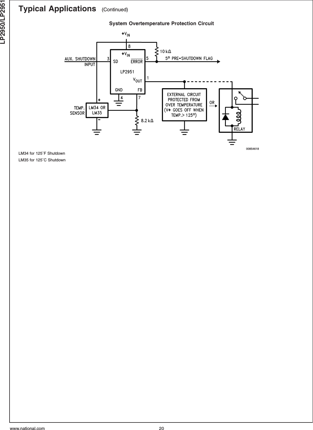 Typical Applications (Continued)System Overtemperature Protection Circuit00854618LM34 for 125˚F ShutdownLM35 for 125˚C ShutdownLP2950/LP2951www.national.com 20