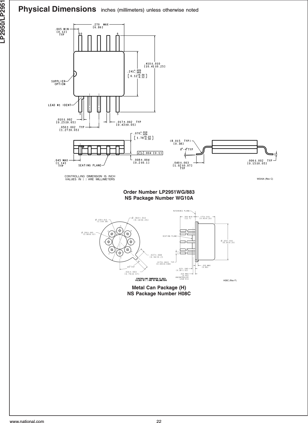 Physical Dimensions inches (millimeters) unless otherwise notedOrder Number LP2951WG/883NS Package Number WG10AMetal Can Package (H)NS Package Number H08CLP2950/LP2951www.national.com 22