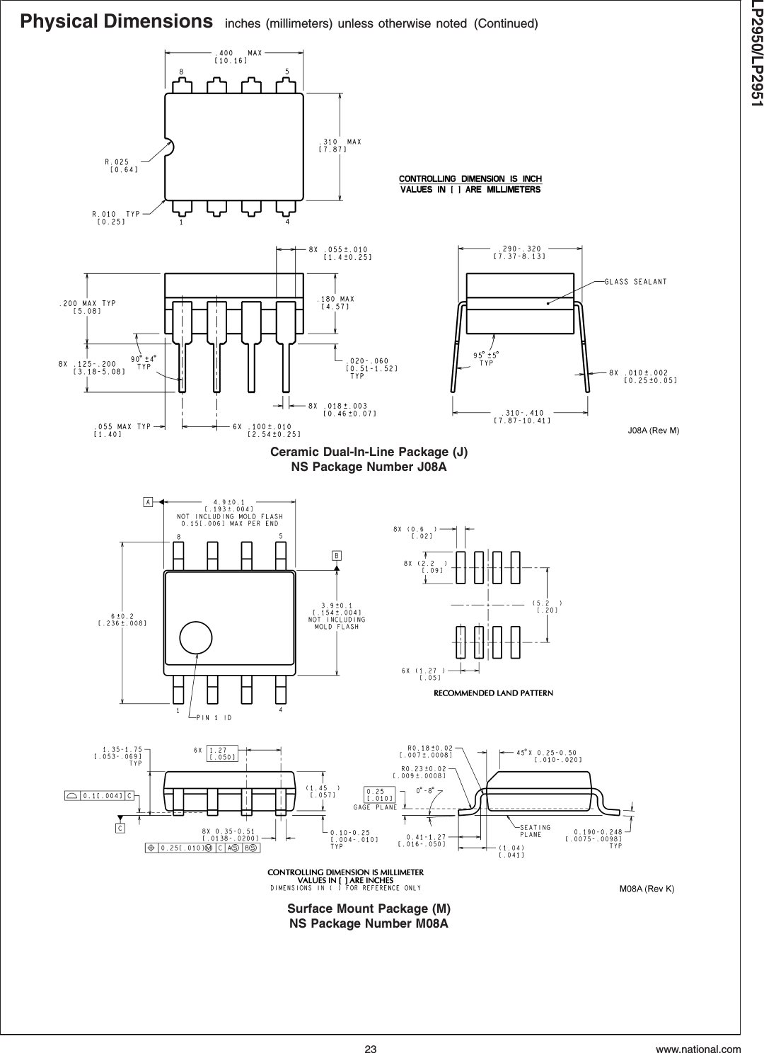 Physical Dimensions inches (millimeters) unless otherwise noted (Continued)Ceramic Dual-In-Line Package (J)NS Package Number J08ASurface Mount Package (M)NS Package Number M08ALP2950/LP2951www.national.com23