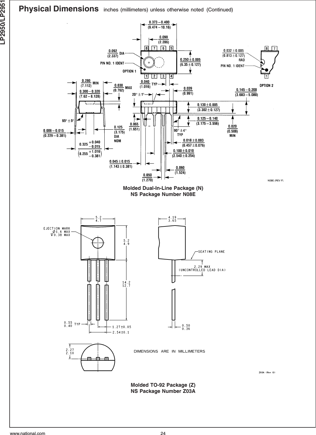 Physical Dimensions inches (millimeters) unless otherwise noted (Continued)Molded Dual-In-Line Package (N)NS Package Number N08EMolded TO-92 Package (Z)NS Package Number Z03ALP2950/LP2951www.national.com 24