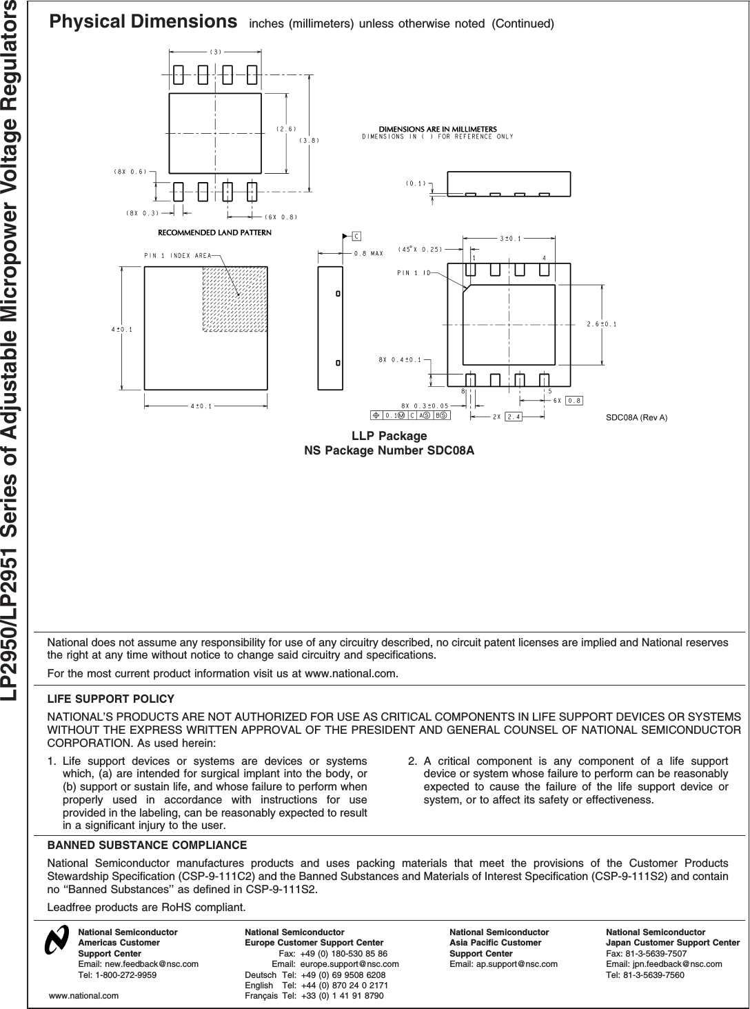 Physical Dimensions inches (millimeters) unless otherwise noted (Continued)LLP PackageNS Package Number SDC08ANational does not assume any responsibility for use of any circuitry described, no circuit patent licenses are implied and National reservesthe right at any time without notice to change said circuitry and specifications.For the most current product information visit us at www.national.com.LIFE SUPPORT POLICYNATIONAL’S PRODUCTS ARE NOT AUTHORIZED FOR USE AS CRITICAL COMPONENTS IN LIFE SUPPORT DEVICES OR SYSTEMSWITHOUT THE EXPRESS WRITTEN APPROVAL OF THE PRESIDENT AND GENERAL COUNSEL OF NATIONAL SEMICONDUCTORCORPORATION. As used herein:1. Life support devices or systems are devices or systemswhich, (a) are intended for surgical implant into the body, or(b) support or sustain life, and whose failure to perform whenproperly used in accordance with instructions for useprovided in the labeling, can be reasonably expected to resultin a significant injury to the user.2. A critical component is any component of a life supportdevice or system whose failure to perform can be reasonablyexpected to cause the failure of the life support device orsystem, or to affect its safety or effectiveness.BANNED SUBSTANCE COMPLIANCENational Semiconductor manufactures products and uses packing materials that meet the provisions of the Customer ProductsStewardship Specification (CSP-9-111C2) and the Banned Substances and Materials of Interest Specification (CSP-9-111S2) and containno ‘‘Banned Substances’’ as defined in CSP-9-111S2.Leadfree products are RoHS compliant.National SemiconductorAmericas CustomerSupport CenterEmail: new.feedback@nsc.comTel: 1-800-272-9959National SemiconductorEurope Customer Support CenterFax: +49 (0) 180-530 85 86Email: europe.support@nsc.comDeutsch Tel: +49 (0) 69 9508 6208English Tel: +44 (0) 870 24 0 2171Français Tel: +33 (0) 1 41 91 8790National SemiconductorAsia Pacific CustomerSupport CenterEmail: ap.support@nsc.comNational SemiconductorJapan Customer Support CenterFax: 81-3-5639-7507Email: jpn.feedback@nsc.comTel: 81-3-5639-7560www.national.comLP2950/LP2951 Series of Adjustable Micropower Voltage Regulators