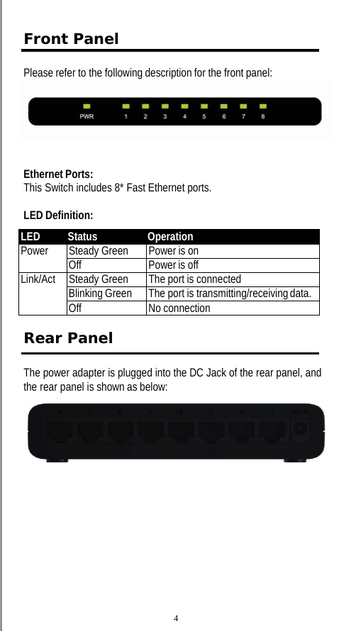 Front Panel Please refer to the following description for the front panel:   Ethernet Ports: This Switch includes 8* Fast Ethernet ports.  LED Definition: LED Status Operation Power Steady Green Power is on Off Power is off Link/Act Steady Green The port is connected Blinking Green The port is transmitting/receiving data. Off No connection Rear Panel The power adapter is plugged into the DC Jack of the rear panel, and the rear panel is shown as below:  4 