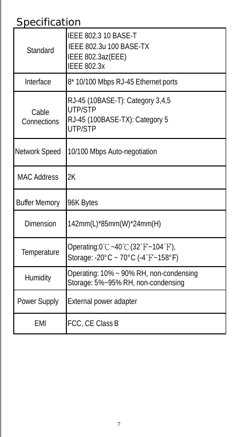 Specification Standard IEEE 802.3 10 BASE-T  IEEE 802.3u 100 BASE-TX  IEEE 802.3az(EEE) IEEE 802.3x  Interface  8* 10/100 Mbps RJ-45 Ethernet ports Cable Connections RJ-45 (10BASE-T): Category 3,4,5 UTP/STP RJ-45 (100BASE-TX): Category 5 UTP/STP Network Speed  10/100 Mbps Auto-negotiation MAC Address  2K  Buffer Memory  96K Bytes Dimension 142mm(L)*85mm(W)*24mm(H) Temperature  Operating:0℃~40℃(32℉~104℉), Storage: -20°C ~ 70°C (-4℉~158°F) Humidity  Operating: 10% ~ 90% RH, non-condensing Storage: 5%~95% RH, non-condensing Power Supply  External power adapter EMI FCC, CE Class B      7 