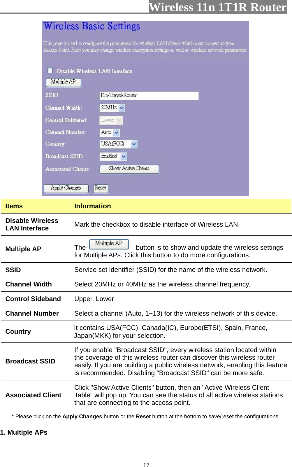                         Wireless 11n 1T1R Router   17 Items  Information Disable Wireless LAN Interface  Mark the checkbox to disable interface of Wireless LAN. Multiple AP  The      button is to show and update the wireless settings for Multiple APs. Click this button to do more configurations. SSID  Service set identifier (SSID) for the name of the wireless network. Channel Width  Select 20MHz or 40MHz as the wireless channel frequency. Control Sideband  Upper, Lower Channel Number  Select a channel (Auto, 1~13) for the wireless network of this device.   Country  It contains USA(FCC), Canada(IC), Europe(ETSI), Spain, France, Japan(MKK) for your selection. Broadcast SSID If you enable &quot;Broadcast SSID&quot;, every wireless station located within the coverage of this wireless router can discover this wireless router easily. If you are building a public wireless network, enabling this feature is recommended. Disabling &quot;Broadcast SSID&quot; can be more safe. Associated Client  Click &quot;Show Active Clients&quot; button, then an &quot;Active Wireless Client Table&quot; will pop up. You can see the status of all active wireless stations that are connecting to the access point. * Please click on the Apply Changes button or the Reset button at the bottom to save/reset the configurations. 1. Multiple APs   