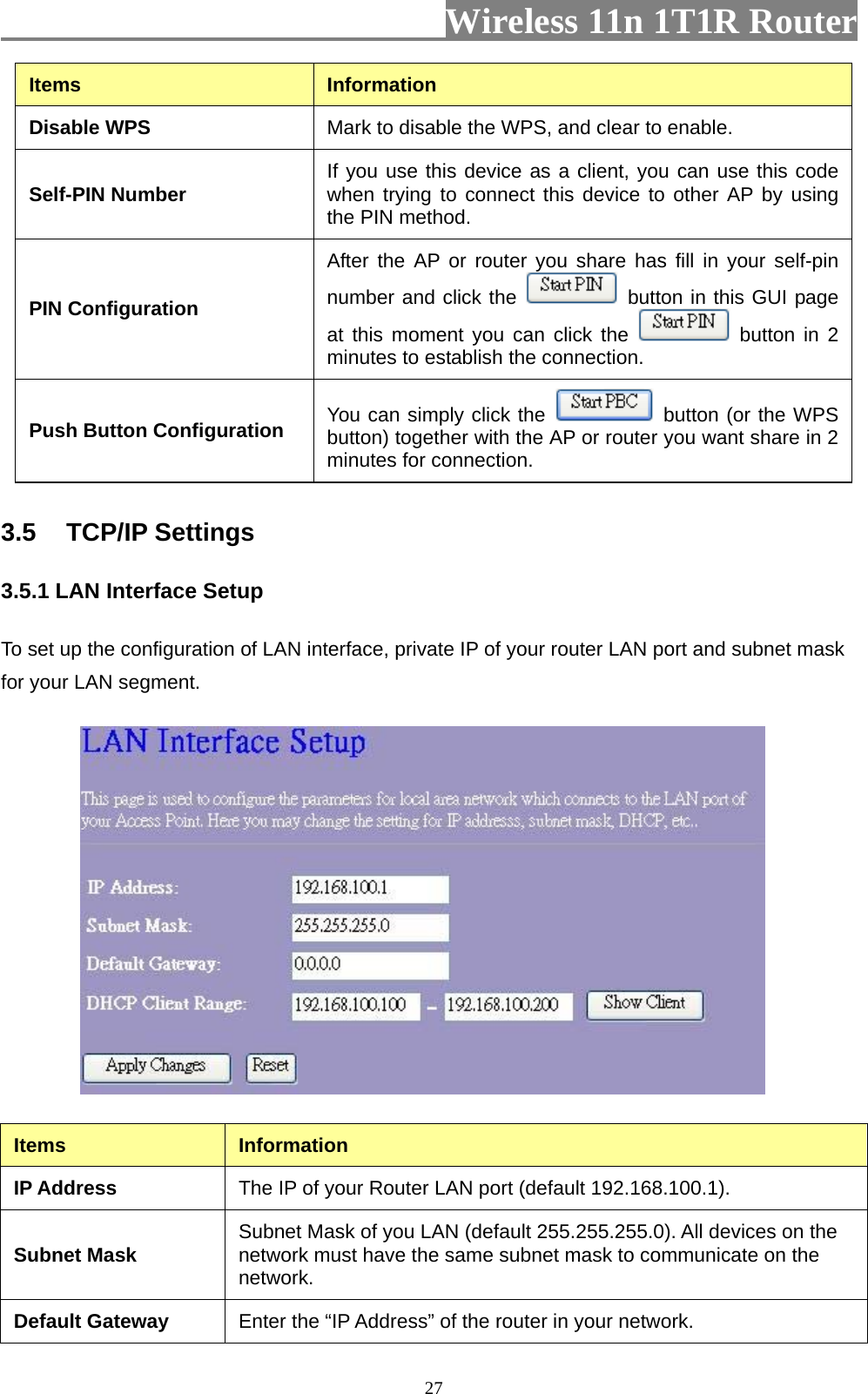                         Wireless 11n 1T1R Router   27Items  Information Disable WPS  Mark to disable the WPS, and clear to enable. Self-PIN Number  If you use this device as a client, you can use this code when trying to connect this device to other AP by using the PIN method.   PIN Configuration After the AP or router you share has fill in your self-pin number and click the   button in this GUI page at this moment you can click the   button in 2 minutes to establish the connection.   Push Button Configuration  You can simply click the   button (or the WPS button) together with the AP or router you want share in 2 minutes for connection.   3.5 TCP/IP Settings 3.5.1 LAN Interface Setup To set up the configuration of LAN interface, private IP of your router LAN port and subnet mask for your LAN segment.  Items  Information IP Address  The IP of your Router LAN port (default 192.168.100.1). Subnet Mask  Subnet Mask of you LAN (default 255.255.255.0). All devices on the network must have the same subnet mask to communicate on the network. Default Gateway  Enter the “IP Address” of the router in your network. 