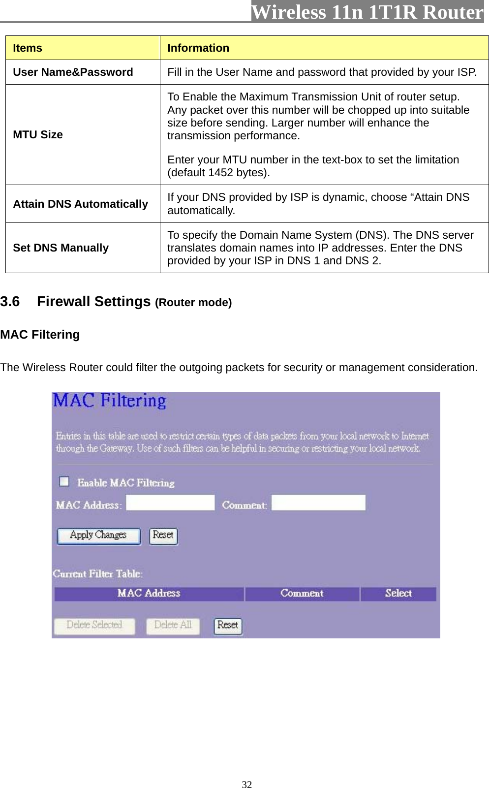                         Wireless 11n 1T1R Router   32Items  Information User Name&amp;Password    Fill in the User Name and password that provided by your ISP. MTU Size To Enable the Maximum Transmission Unit of router setup. Any packet over this number will be chopped up into suitable size before sending. Larger number will enhance the transmission performance.   Enter your MTU number in the text-box to set the limitation (default 1452 bytes). Attain DNS Automatically  If your DNS provided by ISP is dynamic, choose “Attain DNS automatically. Set DNS Manually  To specify the Domain Name System (DNS). The DNS server translates domain names into IP addresses. Enter the DNS provided by your ISP in DNS 1 and DNS 2. 3.6 Firewall Settings (Router mode) MAC Filtering   The Wireless Router could filter the outgoing packets for security or management consideration.    