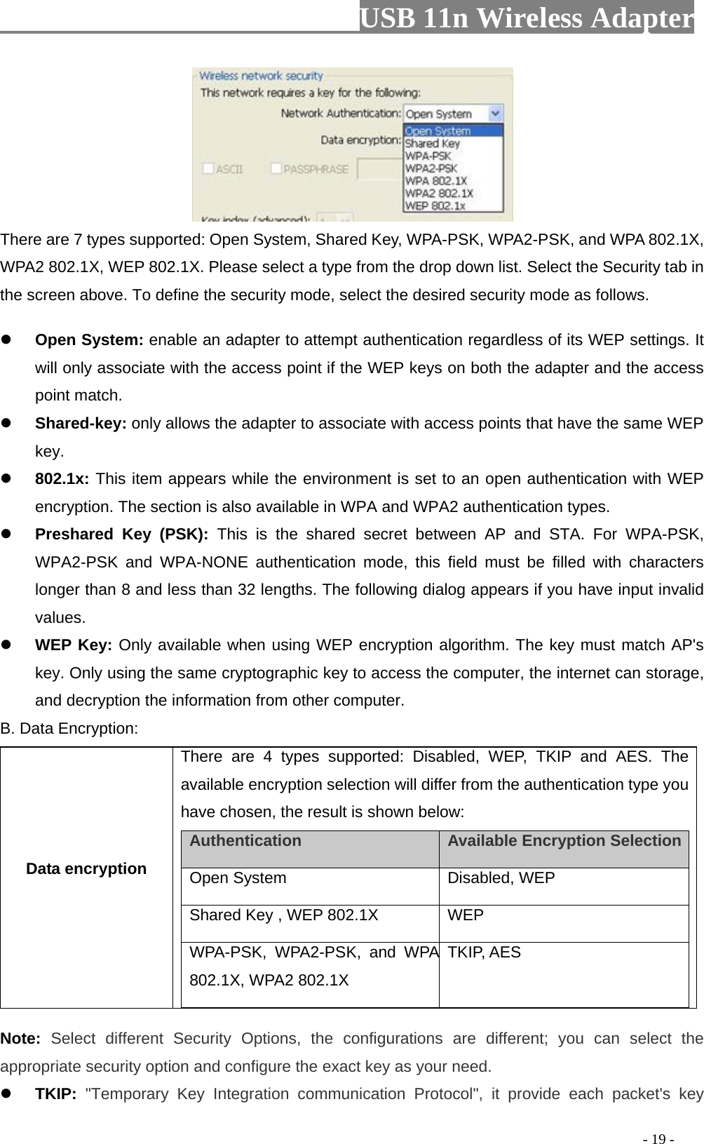                         USB 11n Wireless Adapter                                                                                          - 19 -  There are 7 types supported: Open System, Shared Key, WPA-PSK, WPA2-PSK, and WPA 802.1X, WPA2 802.1X, WEP 802.1X. Please select a type from the drop down list. Select the Security tab in the screen above. To define the security mode, select the desired security mode as follows.   Open System: enable an adapter to attempt authentication regardless of its WEP settings. It will only associate with the access point if the WEP keys on both the adapter and the access point match.  Shared-key: only allows the adapter to associate with access points that have the same WEP key.  802.1x: This item appears while the environment is set to an open authentication with WEP encryption. The section is also available in WPA and WPA2 authentication types.  Preshared Key  (PSK): This is the shared secret between AP and STA. For WPA-PSK, WPA2-PSK and  WPA-NONE authentication mode, this field must be filled with characters longer than 8 and less than 32 lengths. The following dialog appears if you have input invalid values.  WEP Key: Only available when using WEP encryption algorithm. The key must match AP&apos;s key. Only using the same cryptographic key to access the computer, the internet can storage, and decryption the information from other computer. B. Data Encryption: Data encryption There are 4 types supported: Disabled, WEP, TKIP and AES. The available encryption selection will differ from the authentication type you have chosen, the result is shown below: Authentication    Available Encryption Selection    Open System  Disabled, WEP    Shared Key , WEP 802.1X  WEP   WPA-PSK, WPA2-PSK, and WPA 802.1X, WPA2 802.1X TKIP, AES  Note: Select different Security Options, the configurations are different; you can select the appropriate security option and configure the exact key as your need.  TKIP: &quot;Temporary Key Integration communication Protocol&quot;, it provide each packet&apos;s key 