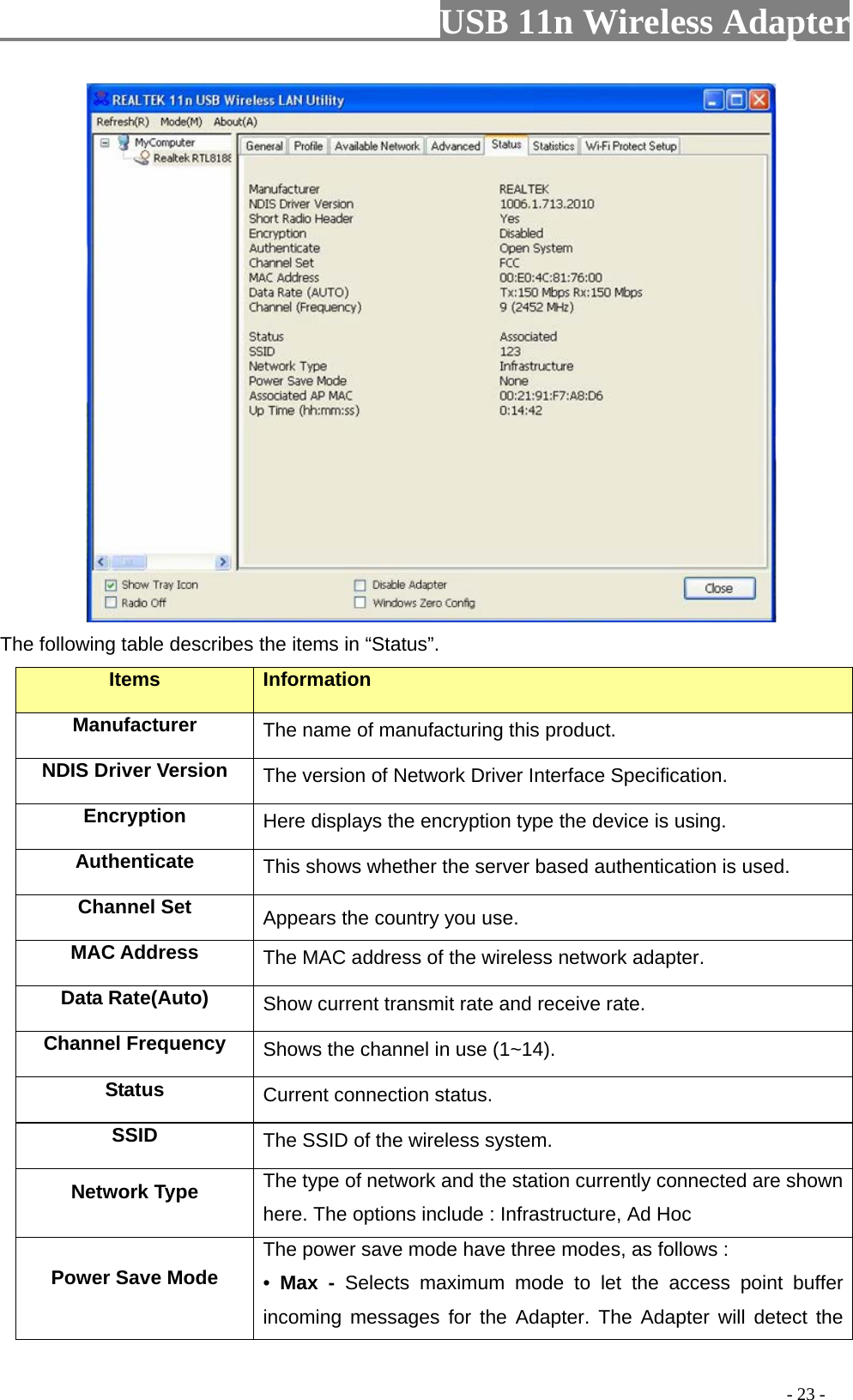                         USB 11n Wireless Adapter                                                                                          - 23 -  The following table describes the items in “Status”. Items Information Manufacturer The name of manufacturing this product. NDIS Driver Version The version of Network Driver Interface Specification. Encryption Here displays the encryption type the device is using. Authenticate This shows whether the server based authentication is used. Channel Set Appears the country you use. MAC Address The MAC address of the wireless network adapter. Data Rate(Auto) Show current transmit rate and receive rate. Channel Frequency Shows the channel in use (1~14). Status Current connection status. SSID The SSID of the wireless system. Network Type The type of network and the station currently connected are shown here. The options include : Infrastructure, Ad Hoc Power Save Mode The power save mode have three modes, as follows : •  Max  - Selects maximum mode to let the access point buffer incoming messages for the Adapter. The Adapter will detect the 