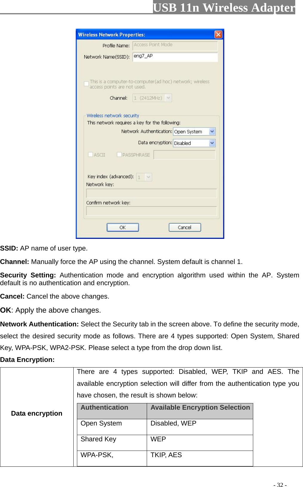                         USB 11n Wireless Adapter                                                                                          - 32 -  SSID: AP name of user type.   Channel: Manually force the AP using the channel. System default is channel 1.   Security Setting: Authentication mode and encryption algorithm used within the AP. System default is no authentication and encryption.   Cancel: Cancel the above changes.   OK: Apply the above changes.   Network Authentication: Select the Security tab in the screen above. To define the security mode, select the desired security mode as follows. There are 4 types supported: Open System, Shared Key, WPA-PSK, WPA2-PSK. Please select a type from the drop down list. Data Encryption: Data encryption There are 4 types supported: Disabled, WEP, TKIP and AES. The available encryption selection will differ from the authentication type you have chosen, the result is shown below:   Authentication    Available Encryption Selection    Open System  Disabled, WEP    Shared Key  WEP   WPA-PSK, TKIP, AES 