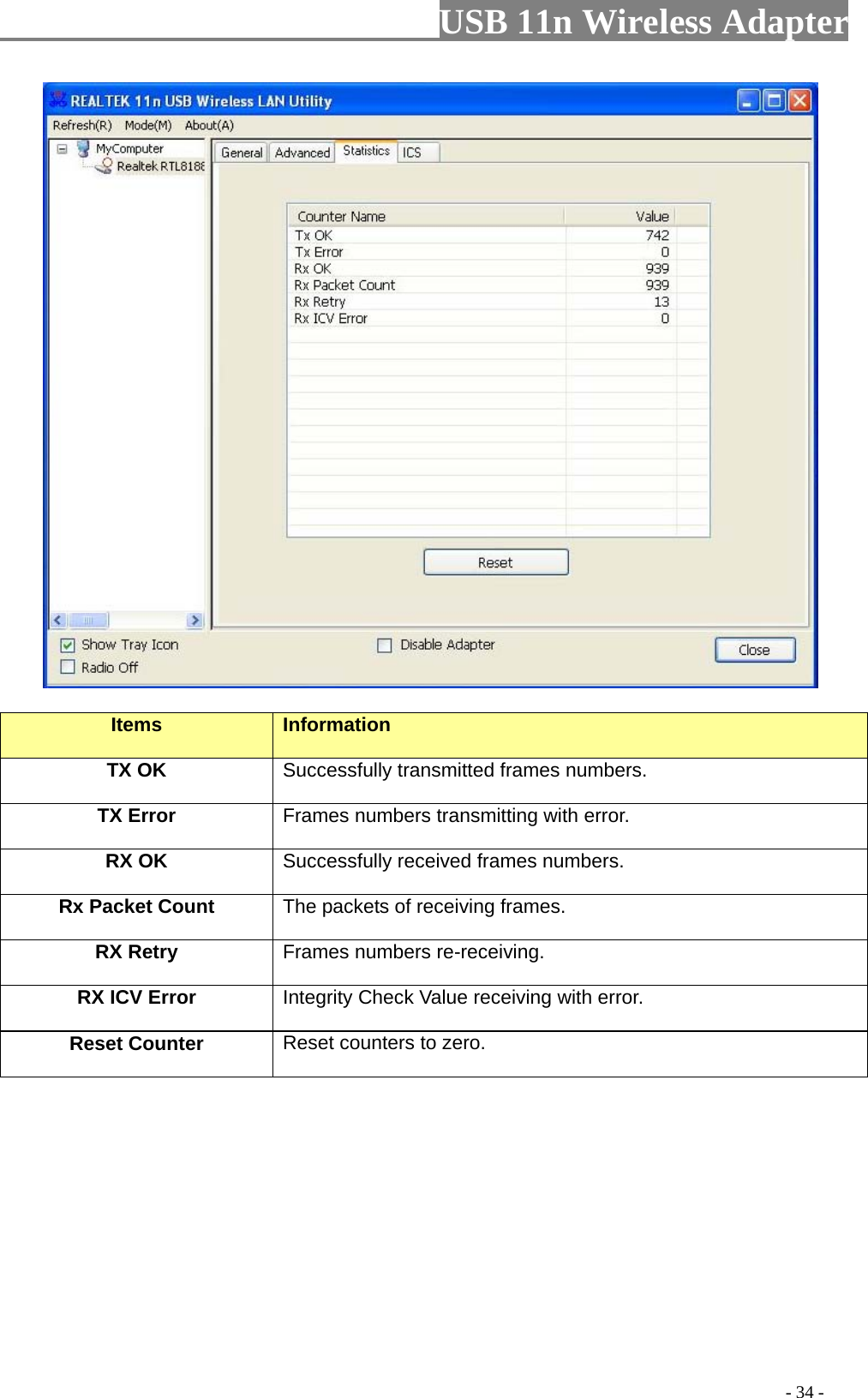                         USB 11n Wireless Adapterr                                                                                          - 34 -   Items Information TX OK Successfully transmitted frames numbers. TX Error Frames numbers transmitting with error. RX OK Successfully received frames numbers. Rx Packet Count The packets of receiving frames. RX Retry Frames numbers re-receiving. RX ICV Error Integrity Check Value receiving with error. Reset Counter Reset counters to zero. 