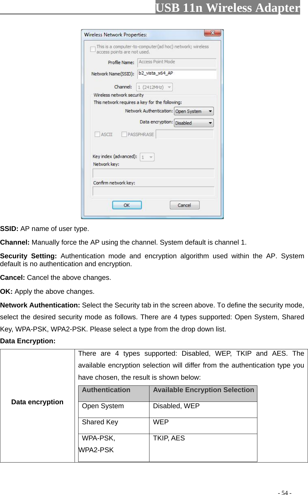                         USB 11n Wireless Adapter                                                                                          - 54 -  SSID: AP name of user type.   Channel: Manually force the AP using the channel. System default is channel 1.   Security Setting: Authentication mode and encryption algorithm used within the AP. System default is no authentication and encryption.   Cancel: Cancel the above changes.   OK: Apply the above changes.   Network Authentication: Select the Security tab in the screen above. To define the security mode, select the desired security mode as follows. There are 4 types supported: Open System, Shared Key, WPA-PSK, WPA2-PSK. Please select a type from the drop down list. Data Encryption: Data encryption There are 4 types supported: Disabled, WEP, TKIP and AES. The available encryption selection will differ from the authentication type you have chosen, the result is shown below:   Authentication    Available Encryption Selection    Open System  Disabled, WEP    Shared Key  WEP   WPA-PSK, WPA2-PSK TKIP, AES  