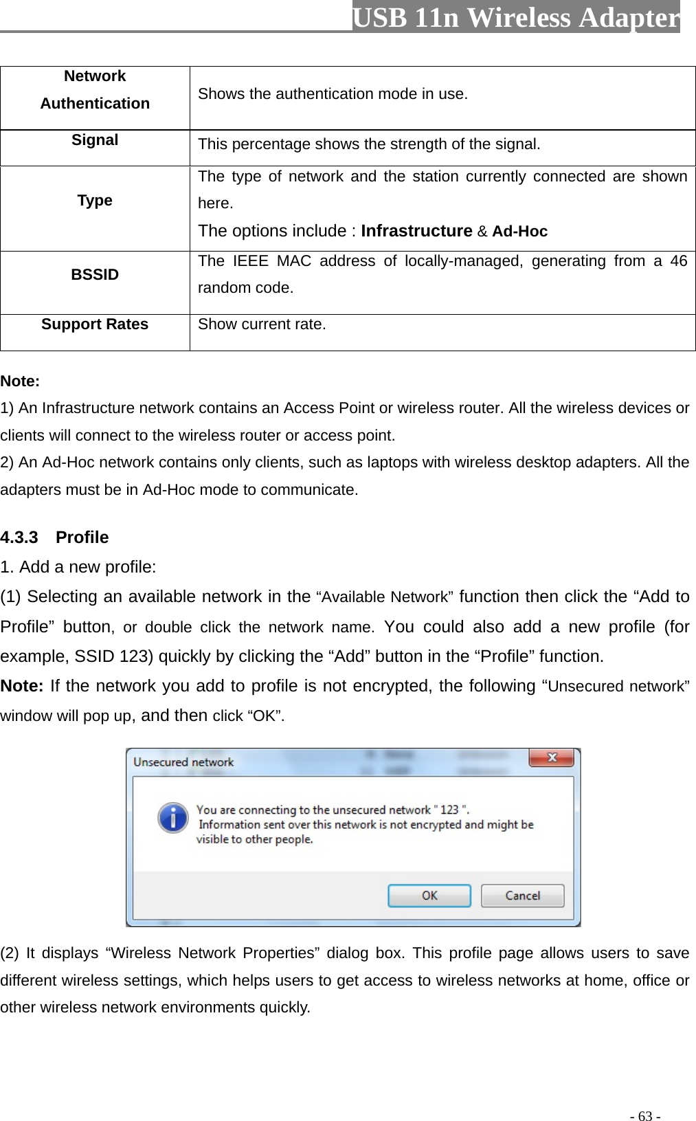                         USB 11n Wireless Adapter                                                                                          - 63 - Network Authentication Shows the authentication mode in use. Signal This percentage shows the strength of the signal. Type The type of network and the station currently connected are shown here. The options include : Infrastructure &amp; Ad-Hoc BSSID The IEEE MAC address of locally-managed, generating from a 46 random code. Support Rates Show current rate. Note: 1) An Infrastructure network contains an Access Point or wireless router. All the wireless devices or clients will connect to the wireless router or access point. 2) An Ad-Hoc network contains only clients, such as laptops with wireless desktop adapters. All the adapters must be in Ad-Hoc mode to communicate. 4.3.3  Profile 1. Add a new profile:   (1) Selecting an available network in the “Available Network” function then click the “Add to Profile” button, or double click the network name. You could also add a new profile (for example, SSID 123) quickly by clicking the “Add” button in the “Profile” function. Note: If the network you add to profile is not encrypted, the following “Unsecured network” window will pop up, and then click “OK”.  (2) It displays “Wireless Network Properties” dialog box. This profile page allows users to save different wireless settings, which helps users to get access to wireless networks at home, office or other wireless network environments quickly. 