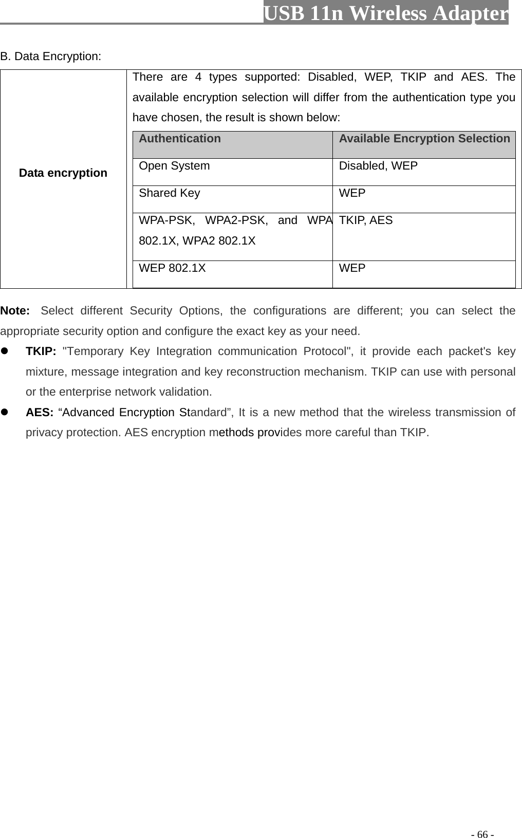                         USB 11n Wireless Adapter                                                                                          - 66 - B. Data Encryption: Data encryption There are 4 types supported: Disabled, WEP, TKIP and AES. The available encryption selection will differ from the authentication type you have chosen, the result is shown below:   Authentication    Available Encryption Selection    Open System  Disabled, WEP    Shared Key  WEP   WPA-PSK, WPA2-PSK, and WPA 802.1X, WPA2 802.1X TKIP, AES WEP 802.1X     WEP  Note: Select different Security Options, the configurations are different; you can select the appropriate security option and configure the exact key as your need.  TKIP: &quot;Temporary Key Integration communication Protocol&quot;, it provide each packet&apos;s key mixture, message integration and key reconstruction mechanism. TKIP can use with personal or the enterprise network validation.  AES: “Advanced Encryption Standard”, It is a new method that the wireless transmission of privacy protection. AES encryption methods provides more careful than TKIP. 