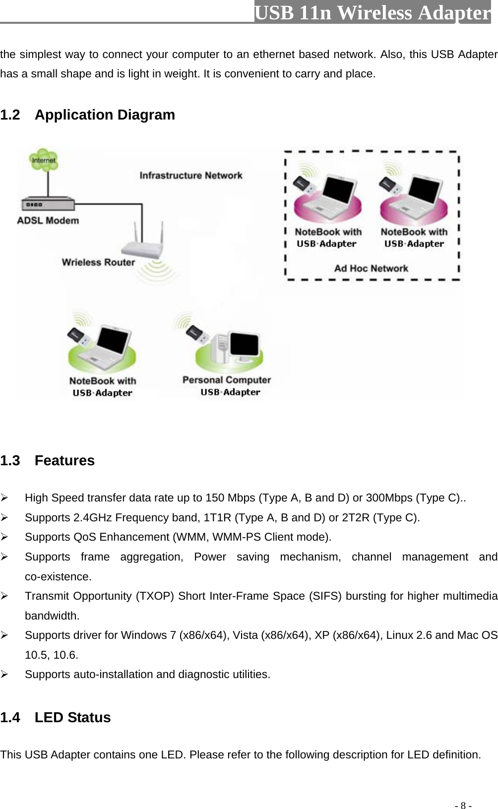                         USB 11n Wireless Adapter                                                                                          - 8 - the simplest way to connect your computer to an ethernet based network. Also, this USB Adapter has a small shape and is light in weight. It is convenient to carry and place.  1.2   Application Diagram   1.3  Features  High Speed transfer data rate up to 150 Mbps (Type A, B and D) or 300Mbps (Type C)..   Supports 2.4GHz Frequency band, 1T1R (Type A, B and D) or 2T2R (Type C).  Supports QoS Enhancement (WMM, WMM-PS Client mode).  Supports frame aggregation, Power saving mechanism, channel management and co-existence.  Transmit Opportunity (TXOP) Short Inter-Frame Space (SIFS) bursting for higher multimedia bandwidth.  Supports driver for Windows 7 (x86/x64), Vista (x86/x64), XP (x86/x64), Linux 2.6 and Mac OS 10.5, 10.6.  Supports auto-installation and diagnostic utilities.  1.4  LED Status This USB Adapter contains one LED. Please refer to the following description for LED definition.  