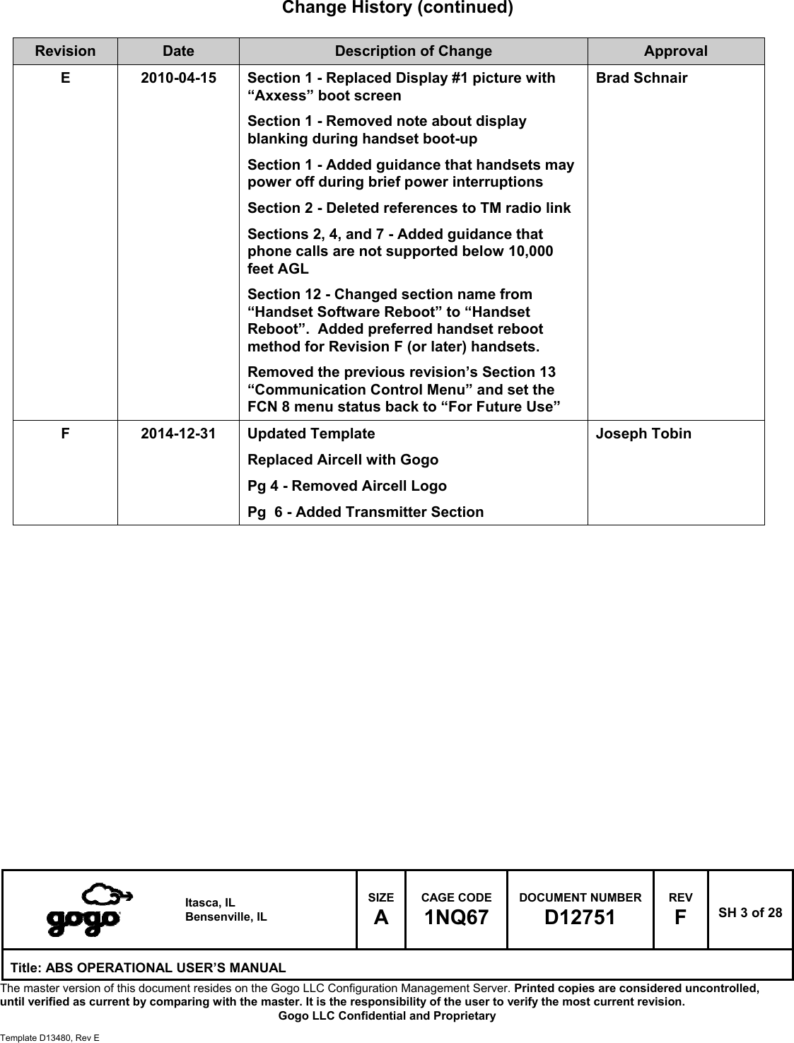   Itasca, IL Bensenville, IL SIZE A CAGE CODE 1NQ67 DOCUMENT NUMBER D12751 REV F  SH 3 of 28 Title: ABS OPERATIONAL USER&rsquo;S MANUAL The master version of this document resides on the Gogo LLC Configuration Management Server. Printed copies are considered uncontrolled, until verified as current by comparing with the master. It is the responsibility of the user to verify the most current revision.  Gogo LLC Confidential and Proprietary  Template D13480, Rev E  Change History (continued)  Revision  Date  Description of Change  Approval E  2010-04-15  Section 1 - Replaced Display #1 picture with &ldquo;Axxess&rdquo; boot screen Section 1 - Removed note about display blanking during handset boot-up Section 1 - Added guidance that handsets may power off during brief power interruptions Section 2 - Deleted references to TM radio link Sections 2, 4, and 7 - Added guidance that phone calls are not supported below 10,000 feet AGL Section 12 - Changed section name from &ldquo;Handset Software Reboot&rdquo; to &ldquo;Handset Reboot&rdquo;.  Added preferred handset reboot method for Revision F (or later) handsets. Removed the previous revision&rsquo;s Section 13 &ldquo;Communication Control Menu&rdquo; and set the FCN 8 menu status back to &ldquo;For Future Use&rdquo; Brad Schnair F 2014-12-31 Updated Template Replaced Aircell with Gogo Pg 4 - Removed Aircell Logo Pg  6 - Added Transmitter Section  Joseph Tobin                 
