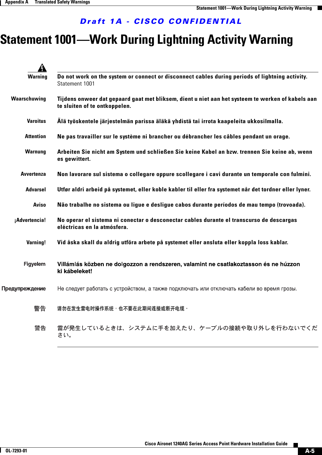 Draft 1A - CISCO CONFIDENTIALA-5Cisco Aironet 1240AG Series Access Point Hardware Installation GuideOL-7293-01Appendix A      Translated Safety WarningsStatement 1001&mdash;Work During Lightning Activity WarningStatement 1001&mdash;Work During Lightning Activity WarningWarningDo not work on the system or connect or disconnect cables during periods of lightning activity. Statement 1001WaarschuwingTijdens onweer dat gepaard gaat met bliksem, dient u niet aan het systeem te werken of kabels aan te sluiten of te ontkoppelen. Varoitus&Auml;l&auml; ty&ouml;skentele j&auml;rjestelm&auml;n parissa &auml;l&auml;k&auml; yhdist&auml; tai irrota kaapeleita ukkosilmalla.AttentionNe pas travailler sur le syst&egrave;me ni brancher ou d&eacute;brancher les c&acirc;bles pendant un orage.WarnungArbeiten Sie nicht am System und schlie&szlig;en Sie keine Kabel an bzw. trennen Sie keine ab, wenn es gewittert.AvvertenzaNon lavorare sul sistema o collegare oppure scollegare i cavi durante un temporale con fulmini.AdvarselUtf&oslash;r aldri arbeid p&aring; systemet, eller koble kabler til eller fra systemet n&aring;r det tordner eller lyner.AvisoN&atilde;o trabalhe no sistema ou ligue e desligue cabos durante per&iacute;odos de mau tempo (trovoada).&iexcl;Advertencia!No operar el sistema ni conectar o desconectar cables durante el transcurso de descargas el&eacute;ctricas en la atm&oacute;sfera.Varning!Vid &aring;ska skall du aldrig utf&ouml;ra arbete p&aring; systemet eller ansluta eller koppla loss kablar.
