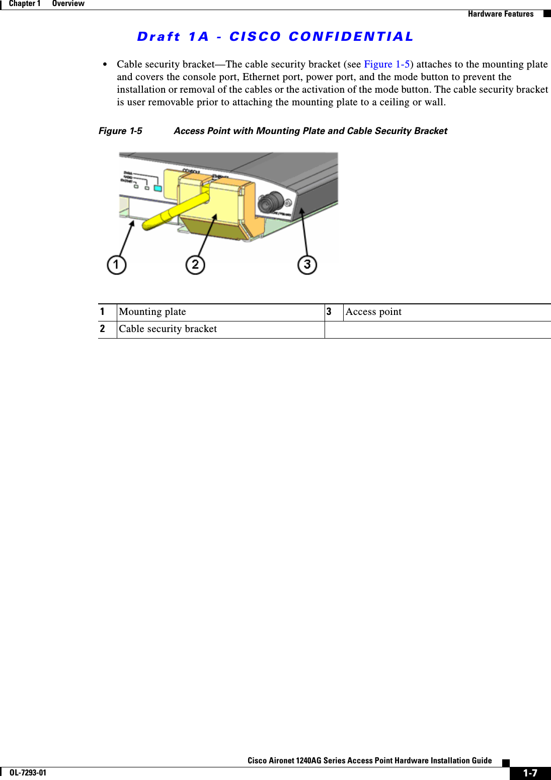 Draft 1A - CISCO CONFIDENTIAL1-7Cisco Aironet 1240AG Series Access Point Hardware Installation GuideOL-7293-01Chapter 1      OverviewHardware Features&bull;Cable security bracket&mdash;The cable security bracket (see Figure 1-5) attaches to the mounting plate and covers the console port, Ethernet port, power port, and the mode button to prevent the installation or removal of the cables or the activation of the mode button. The cable security bracket is user removable prior to attaching the mounting plate to a ceiling or wall.Figure 1-5 Access Point with Mounting Plate and Cable Security Bracket1Mounting plate 3Access point2Cable security bracket
