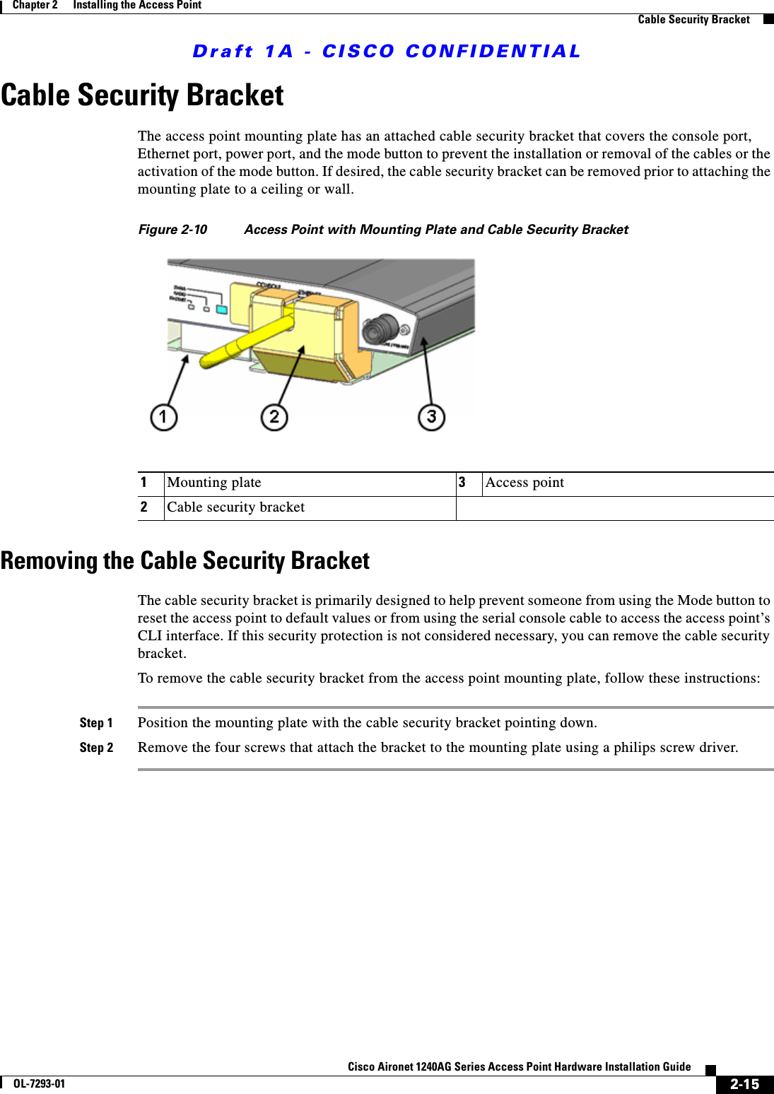 Draft 1A - CISCO CONFIDENTIAL2-15Cisco Aironet 1240AG Series Access Point Hardware Installation GuideOL-7293-01Chapter 2      Installing the Access PointCable Security BracketCable Security BracketThe access point mounting plate has an attached cable security bracket that covers the console port, Ethernet port, power port, and the mode button to prevent the installation or removal of the cables or the activation of the mode button. If desired, the cable security bracket can be removed prior to attaching the mounting plate to a ceiling or wall.Figure 2-10 Access Point with Mounting Plate and Cable Security BracketRemoving the Cable Security BracketThe cable security bracket is primarily designed to help prevent someone from using the Mode button to reset the access point to default values or from using the serial console cable to access the access point&rsquo;s CLI interface. If this security protection is not considered necessary, you can remove the cable security bracket.To remove the cable security bracket from the access point mounting plate, follow these instructions:Step 1 Position the mounting plate with the cable security bracket pointing down.Step 2 Remove the four screws that attach the bracket to the mounting plate using a philips screw driver.1Mounting plate 3Access point2Cable security bracket