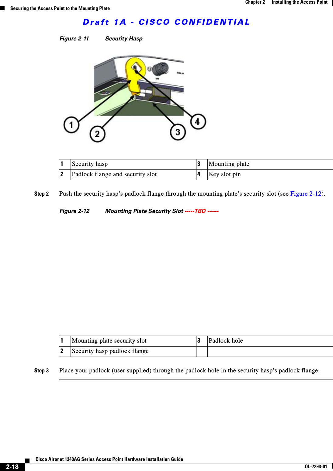 Draft 1A - CISCO CONFIDENTIAL2-18Cisco Aironet 1240AG Series Access Point Hardware Installation GuideOL-7293-01Chapter 2      Installing the Access PointSecuring the Access Point to the Mounting PlateFigure 2-11 Security HaspStep 2 Push the security hasp&rsquo;s padlock flange through the mounting plate&rsquo;s security slot (see Figure 2-12).Figure 2-12 Mounting Plate Security Slot -----TBD ------ Step 3 Place your padlock (user supplied) through the padlock hole in the security hasp&rsquo;s padlock flange.1Security hasp 3Mounting plate2Padlock flange and security slot 4Key slot pin1Mounting plate security slot 3Padlock hole2Security hasp padlock flange