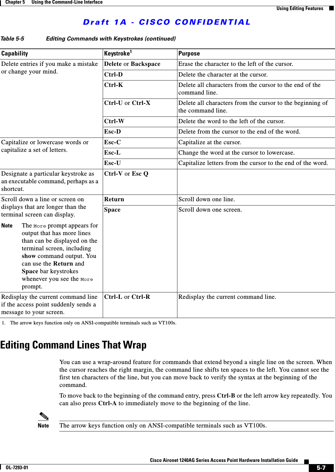 Draft 1A - CISCO CONFIDENTIAL5-7Cisco Aironet 1240AG Series Access Point Hardware Installation GuideOL-7293-01Chapter 5      Using the Command-Line InterfaceUsing Editing FeaturesEditing Command Lines That WrapYou can use a wrap-around feature for commands that extend beyond a single line on the screen. When the cursor reaches the right margin, the command line shifts ten spaces to the left. You cannot see the first ten characters of the line, but you can move back to verify the syntax at the beginning of the command. To move back to the beginning of the command entry, press Ctrl-B or the left arrow key repeatedly. You can also press Ctrl-A to immediately move to the beginning of the line.Note The arrow keys function only on ANSI-compatible terminals such as VT100s.Delete entries if you make a mistake or change your mind.Delete or Backspace Erase the character to the left of the cursor.Ctrl-D Delete the character at the cursor.Ctrl-K Delete all characters from the cursor to the end of the command line.Ctrl-U or Ctrl-X Delete all characters from the cursor to the beginning of the command line.Ctrl-W Delete the word to the left of the cursor.Esc-D Delete from the cursor to the end of the word.Capitalize or lowercase words or capitalize a set of letters.Esc-C Capitalize at the cursor.Esc-L Change the word at the cursor to lowercase.Esc-U Capitalize letters from the cursor to the end of the word.Designate a particular keystroke as an executable command, perhaps as a shortcut.Ctrl-V or Esc QScroll down a line or screen on displays that are longer than the terminal screen can display.Note The More prompt appears for output that has more lines than can be displayed on the terminal screen, including show command output. You can use the Return and Space bar keystrokes whenever you see the More prompt. Return Scroll down one line.Space Scroll down one screen.Redisplay the current command line if the access point suddenly sends a message to your screen.Ctrl-L or Ctrl-R Redisplay the current command line.1. The arrow keys function only on ANSI-compatible terminals such as VT100s.Table 5-5 Editing Commands with Keystrokes (continued)Capability Keystroke1Purpose