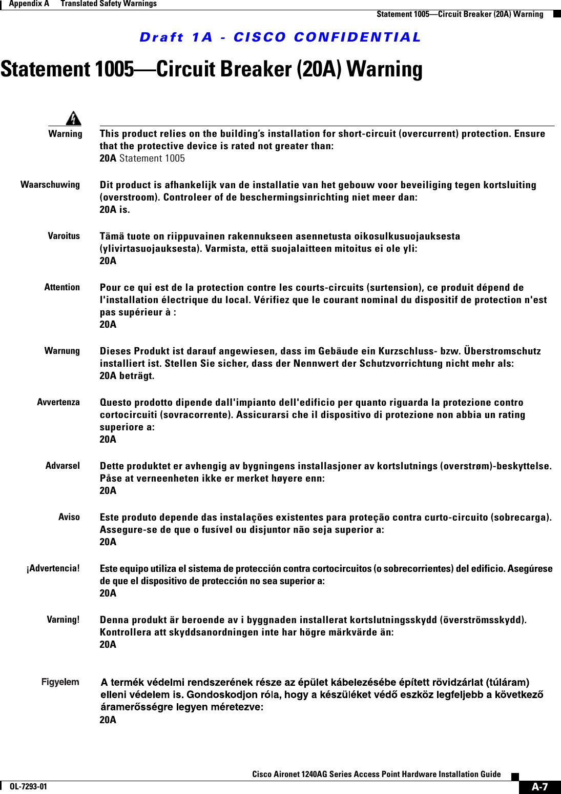 Draft 1A - CISCO CONFIDENTIALA-7Cisco Aironet 1240AG Series Access Point Hardware Installation GuideOL-7293-01Appendix A      Translated Safety WarningsStatement 1005&mdash;Circuit Breaker (20A) WarningStatement 1005&mdash;Circuit Breaker (20A) WarningWarningThis product relies on the building&rsquo;s installation for short-circuit (overcurrent) protection. Ensure that the protective device is rated not greater than: 20A Statement 1005WaarschuwingDit product is afhankelijk van de installatie van het gebouw voor beveiliging tegen kortsluiting (overstroom). Controleer of de beschermingsinrichting niet meer dan: 20A is.VaroitusT&auml;m&auml; tuote on riippuvainen rakennukseen asennetusta oikosulkusuojauksesta (ylivirtasuojauksesta). Varmista, ett&auml; suojalaitteen mitoitus ei ole yli: 20A AttentionPour ce qui est de la protection contre les courts-circuits (surtension), ce produit d&eacute;pend de l'installation &eacute;lectrique du local. V&eacute;rifiez que le courant nominal du dispositif de protection n'est pas sup&eacute;rieur &agrave; : 20A WarnungDieses Produkt ist darauf angewiesen, dass im Geb&auml;ude ein Kurzschluss- bzw. &Uuml;berstromschutz installiert ist. Stellen Sie sicher, dass der Nennwert der Schutzvorrichtung nicht mehr als: 20A betr&auml;gt.AvvertenzaQuesto prodotto dipende dall'impianto dell'edificio per quanto riguarda la protezione contro cortocircuiti (sovracorrente). Assicurarsi che il dispositivo di protezione non abbia un rating superiore a: 20AAdvarselDette produktet er avhengig av bygningens installasjoner av kortslutnings (overstr&oslash;m)-beskyttelse. P&aring;se at verneenheten ikke er merket h&oslash;yere enn: 20A AvisoEste produto depende das instala&ccedil;&otilde;es existentes para prote&ccedil;&atilde;o contra curto-circuito (sobrecarga). Assegure-se de que o fus&iacute;vel ou disjuntor n&atilde;o seja superior a: 20A &iexcl;Advertencia!Este equipo utiliza el sistema de protecci&oacute;n contra cortocircuitos (o sobrecorrientes) del edificio. Aseg&uacute;rese de que el dispositivo de protecci&oacute;n no sea superior a: 20A Varning!Denna produkt &auml;r beroende av i byggnaden installerat kortslutningsskydd (&ouml;verstr&ouml;msskydd). Kontrollera att skyddsanordningen inte har h&ouml;gre m&auml;rkv&auml;rde &auml;n: 20A20A