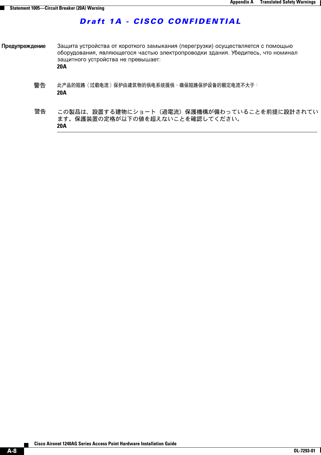 Draft 1A - CISCO CONFIDENTIALA-8Cisco Aironet 1240AG Series Access Point Hardware Installation GuideOL-7293-01Appendix A      Translated Safety WarningsStatement 1005&mdash;Circuit Breaker (20A) Warning20A 20A20A