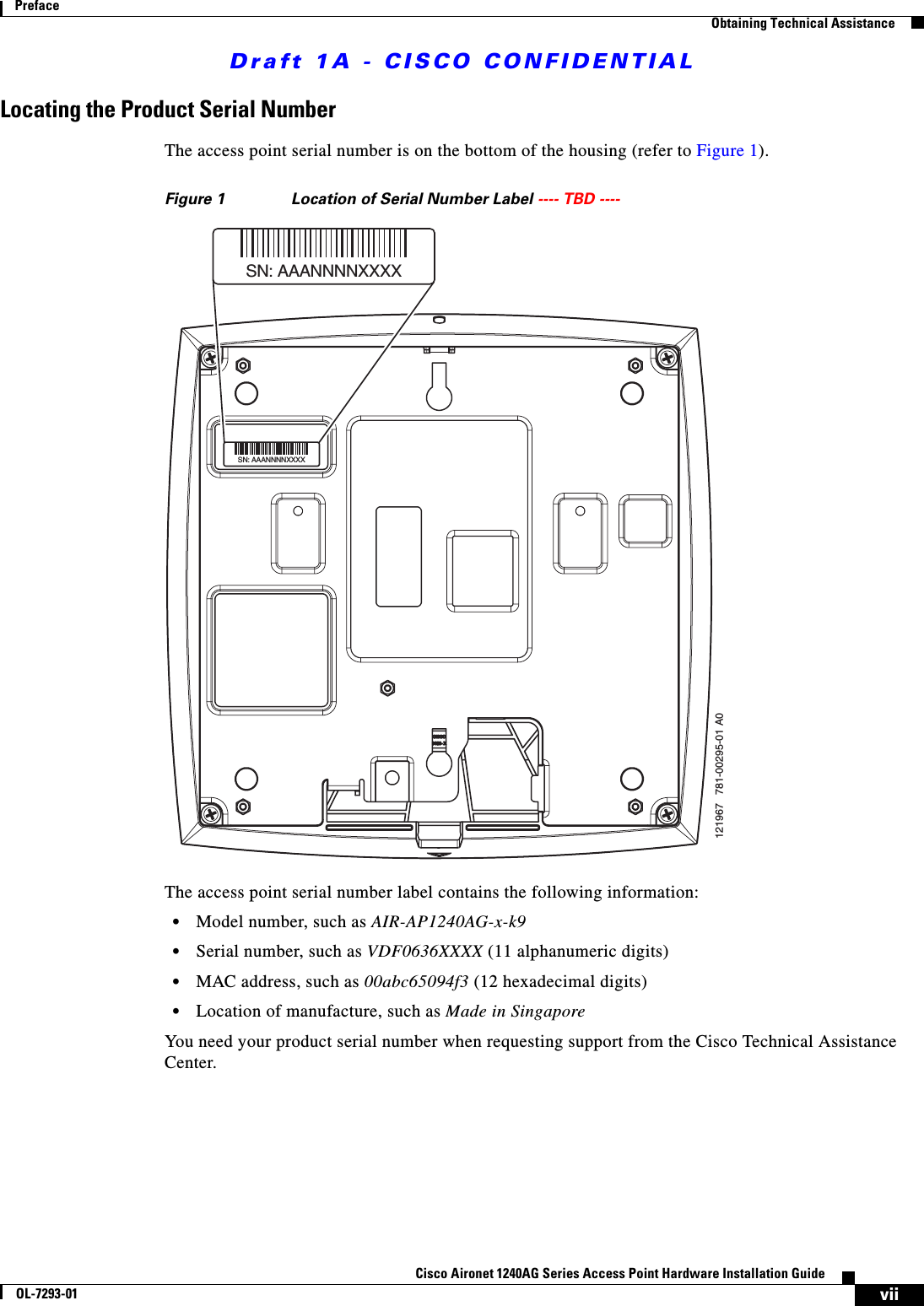 Draft 1A - CISCO CONFIDENTIALviiCisco Aironet 1240AG Series Access Point Hardware Installation GuideOL-7293-01PrefaceObtaining Technical AssistanceLocating the Product Serial NumberThe access point serial number is on the bottom of the housing (refer to Figure 1).Figure 1 Location of Serial Number Label ---- TBD ---- The access point serial number label contains the following information:&bull;Model number, such as AIR-AP1240AG-x-k9&bull;Serial number, such as VDF0636XXXX (11 alphanumeric digits)&bull;MAC address, such as 00abc65094f3 (12 hexadecimal digits)&bull;Location of manufacture, such as Made in SingaporeYou need your product serial number when requesting support from the Cisco Technical Assistance Center.121967   781-00295-01 A0SN: AAANNNNXXXXSN: AAANNNNXXXX