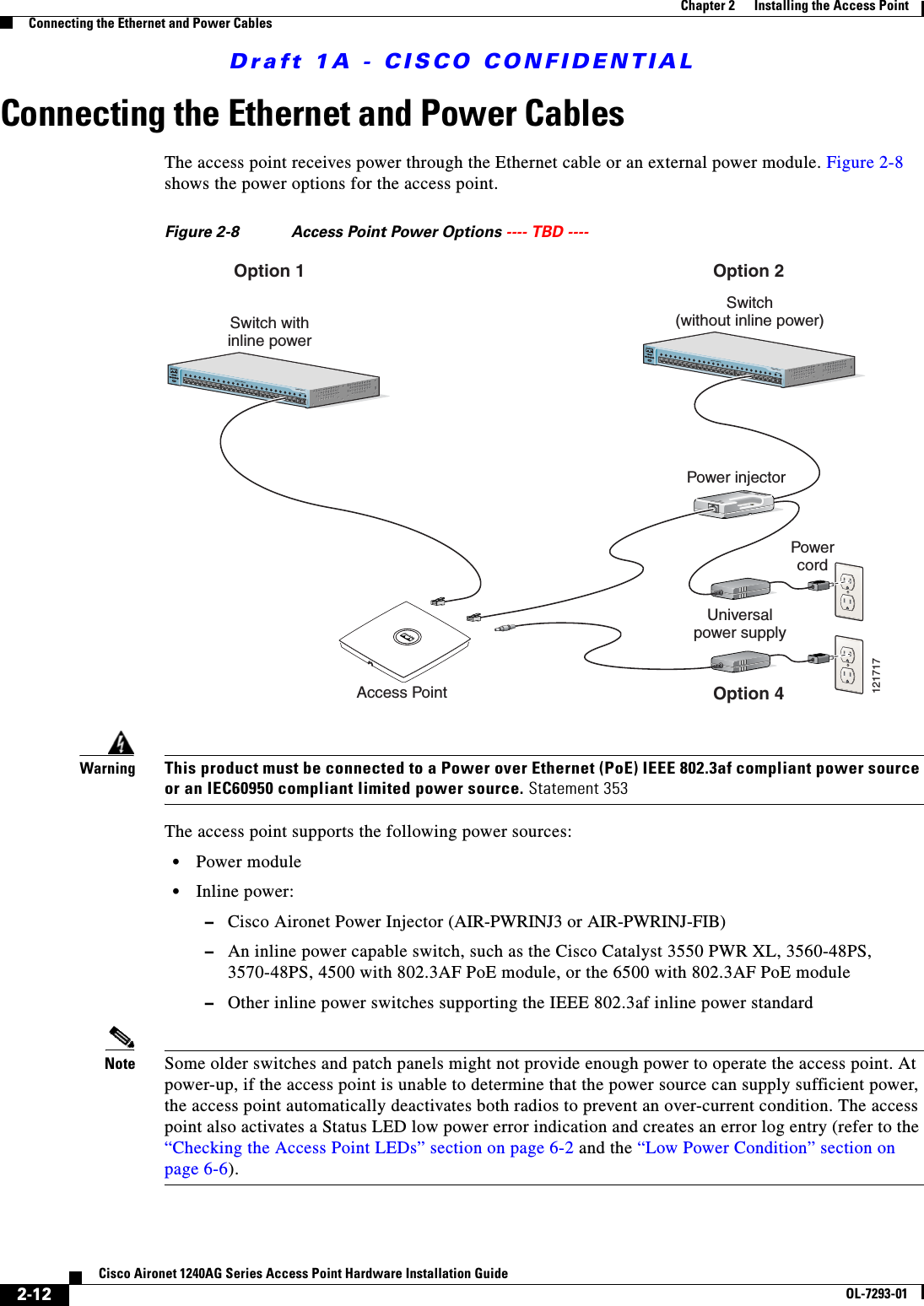 Draft 1A - CISCO CONFIDENTIAL2-12Cisco Aironet 1240AG Series Access Point Hardware Installation GuideOL-7293-01Chapter 2      Installing the Access PointConnecting the Ethernet and Power CablesConnecting the Ethernet and Power CablesThe access point receives power through the Ethernet cable or an external power module. Figure 2-8 shows the power options for the access point. Figure 2-8 Access Point Power Options ---- TBD ---- WarningThis product must be connected to a Power over Ethernet (PoE) IEEE 802.3af compliant power source or an IEC60950 compliant limited power source. Statement 353The access point supports the following power sources:&bull;Power module &bull;Inline power:&ndash;Cisco Aironet Power Injector (AIR-PWRINJ3 or AIR-PWRINJ-FIB)&ndash;An inline power capable switch, such as the Cisco Catalyst 3550 PWR XL, 3560-48PS, 3570-48PS, 4500 with 802.3AF PoE module, or the 6500 with 802.3AF PoE module&ndash;Other inline power switches supporting the IEEE 802.3af inline power standardNote Some older switches and patch panels might not provide enough power to operate the access point. At power-up, if the access point is unable to determine that the power source can supply sufficient power, the access point automatically deactivates both radios to prevent an over-current condition. The access point also activates a Status LED low power error indication and creates an error log entry (refer to the &ldquo;Checking the Access Point LEDs&rdquo; section on page 6-2 and the &ldquo;Low Power Condition&rdquo; section on page 6-6).PowercordUniversalpower supplySYSTRPSDUPLXMODESPEEDUTILSTAT123456789101112 131415 161718 192021222324 232410Base-T / 100Base-TX100Base-FXCatalyst 2950 SERIESSYSTRPSDUPLXMODESPEEDUTILSTAT1234567891011121314 15161718 1920212223 2423 2410Base-T / 100Base-TX100Base-FXCatalyst 2950 SERIESTOAP/ BRIDGETONETWORKSwitch withinline powerPower injectorAccess PointSwitch(without inline power)Option 1 Option 2Option 4121717