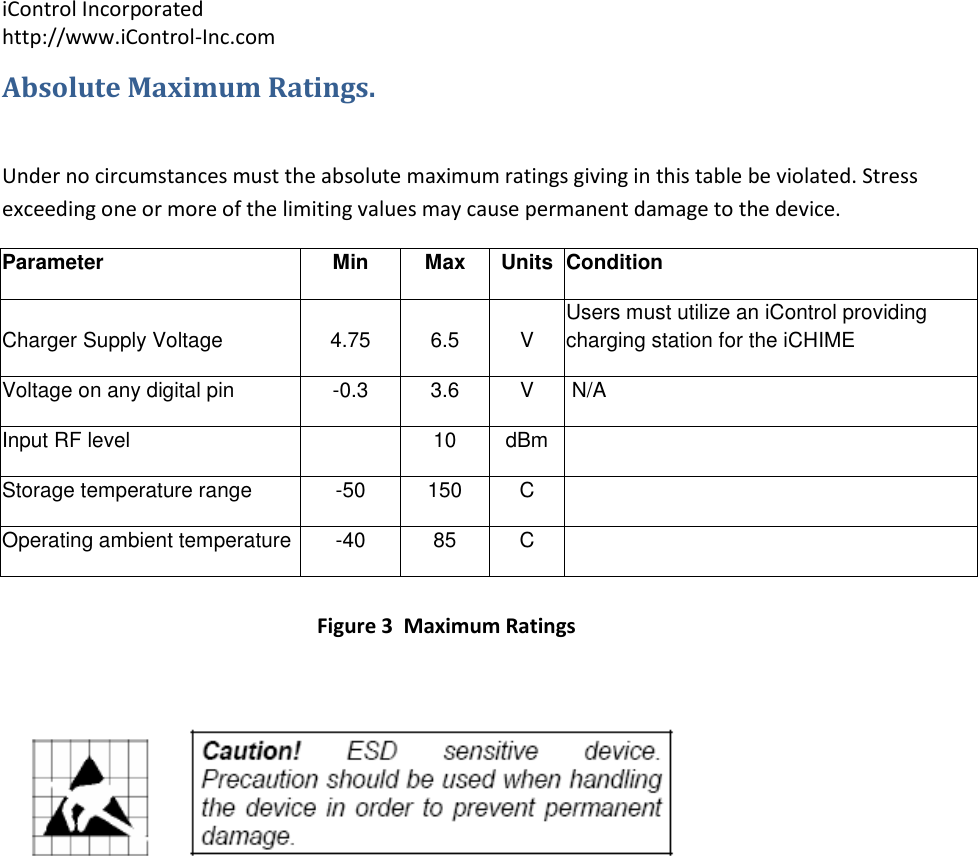 iControl Incorporated http://www.iControl-Inc.com Absolute Maximum Ratings.  Under no circumstances must the absolute maximum ratings giving in this table be violated. Stress exceeding one or more of the limiting values may cause permanent damage to the device. Parameter Min  Max Units Condition Charger Supply Voltage 4.75 6.5 V Users must utilize an iControl providing charging station for the iCHIME Voltage on any digital pin -0.3 3.6 V  N/A Input RF level   10 dBm   Storage temperature range -50 150 C   Operating ambient temperature -40 85 C       Figure 3  Maximum Ratings 