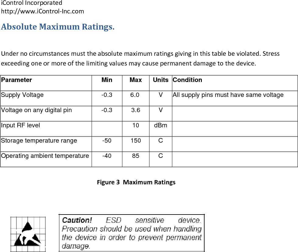 iControlIncorporatedhttp://www.iControl‐Inc.comAbsoluteMaximumRatings.Undernocircumstancesmusttheabsolutemaximumratingsgivinginthistablebeviolated.Stressexceedingoneormoreofthelimitingvaluesmaycausepermanentdamagetothedevice.Parameter Min  Max Units Condition Supply Voltage  -0.3  6.0   V  All supply pins must have same voltage Voltage on any digital pin  -0.3  3.6  V    Input RF level     10  dBm    Storage temperature range  -50  150  C    Operating ambient temperature  -40  85  C    Figure3MaximumRatings