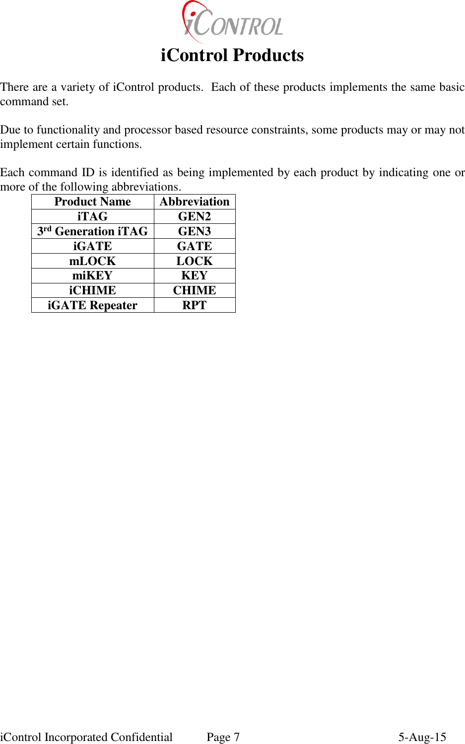  iControl Incorporated Confidential  Page 7  5-Aug-15 iControl Products  There are a variety of iControl products.  Each of these products implements the same basic command set.  Due to functionality and processor based resource constraints, some products may or may not implement certain functions.  Each command ID is identified as being implemented by each product by indicating one or more of the following abbreviations. Product Name Abbreviation iTAG GEN2 3rd Generation iTAG GEN3 iGATE GATE mLOCK LOCK miKEY KEY iCHIME CHIME iGATE Repeater RPT 