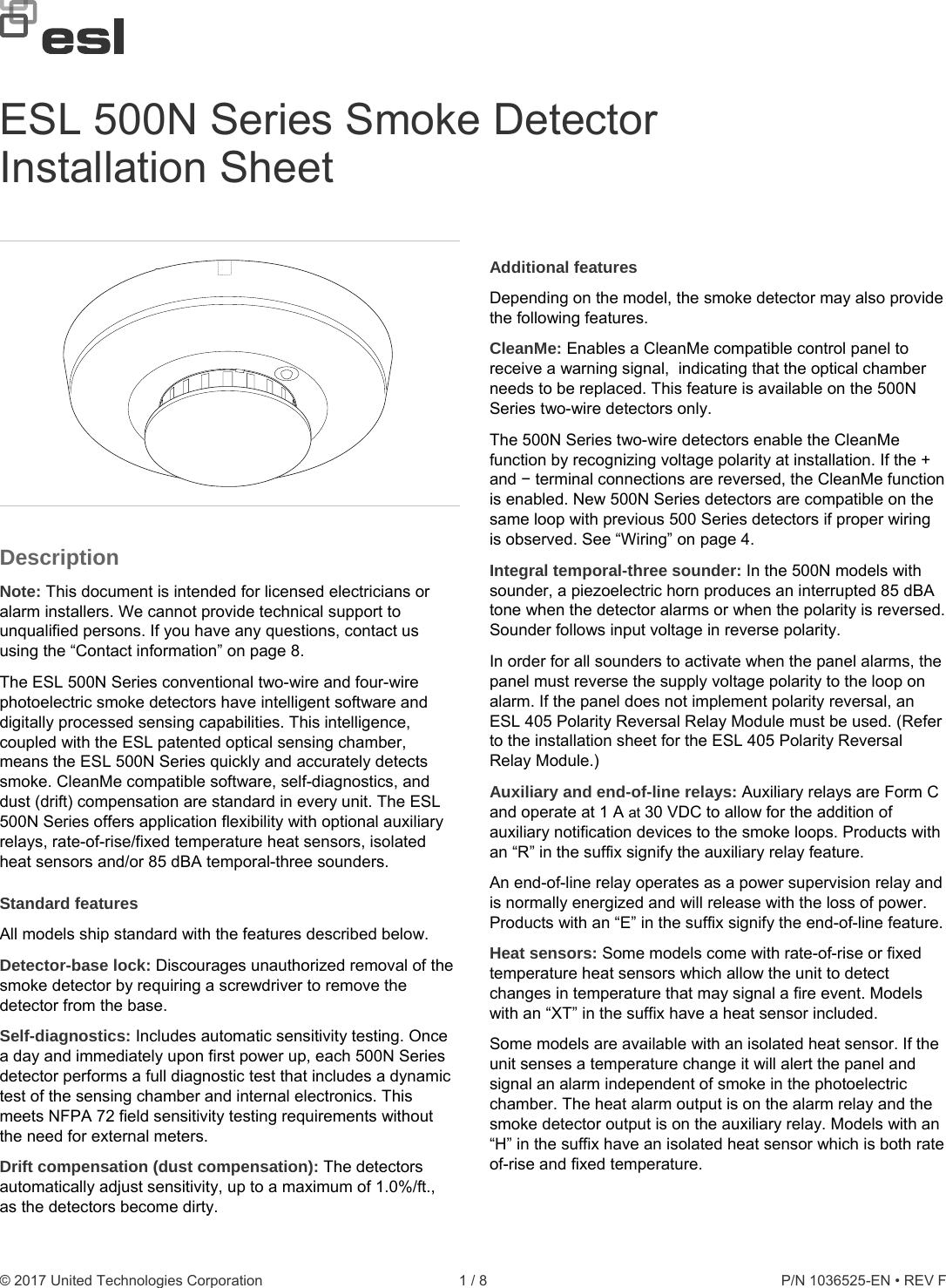 Page 1 of 8 - InterLogix 1036525-En-Rev-F-Esl-500N-Series-Smoke-Detector-Installation-Sheet - 1036525-EN Rev F ESL 500N Series Smoke Detector Installation Sheetx User Manual