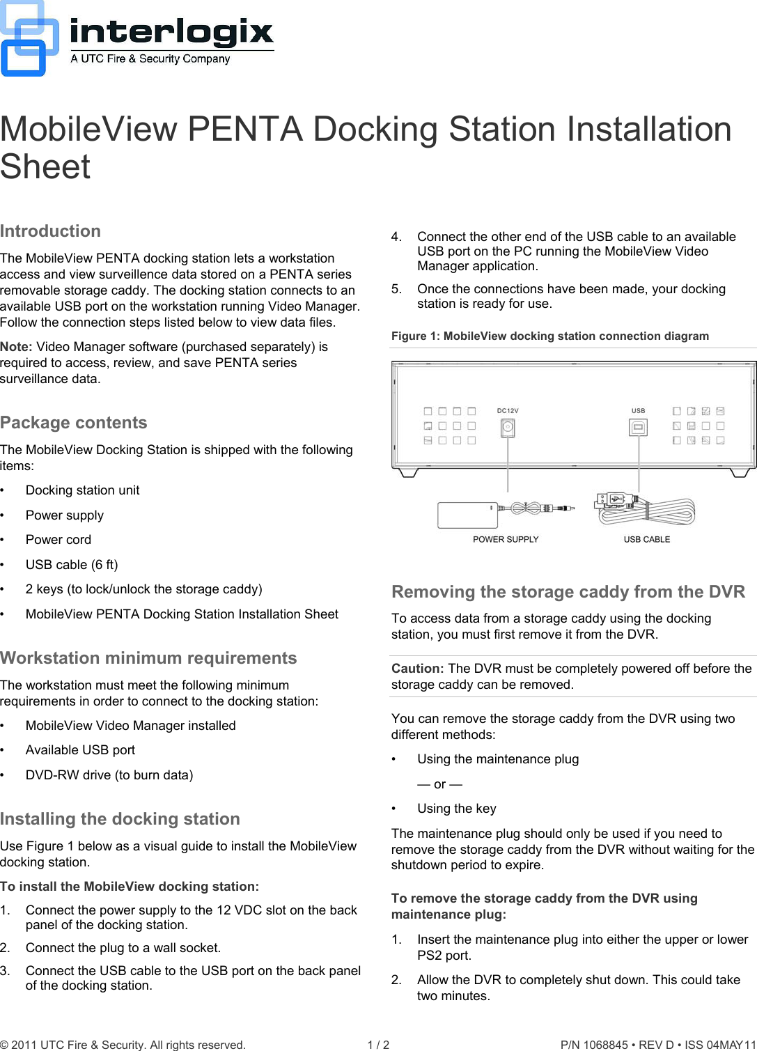Page 1 of 2 - InterLogix 1068845 D Mobileview Penta Docking Station Installation Instructions Sheet User Manual Mobile View