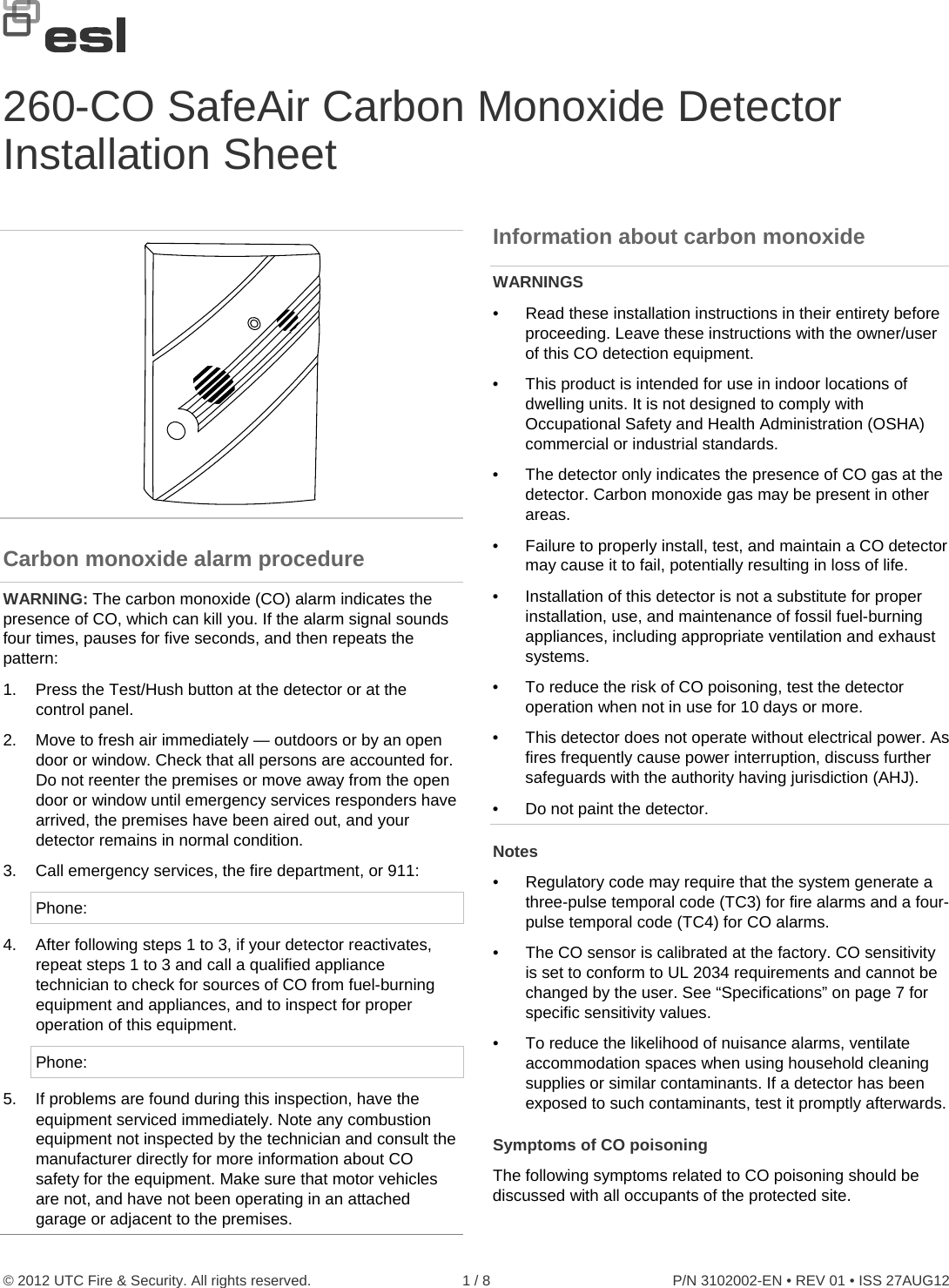 Page 1 of 8 - InterLogix 260-Co Safeair Carbon Monoxide Detector Installation Sheet - 3102002-EN R01 User Manual