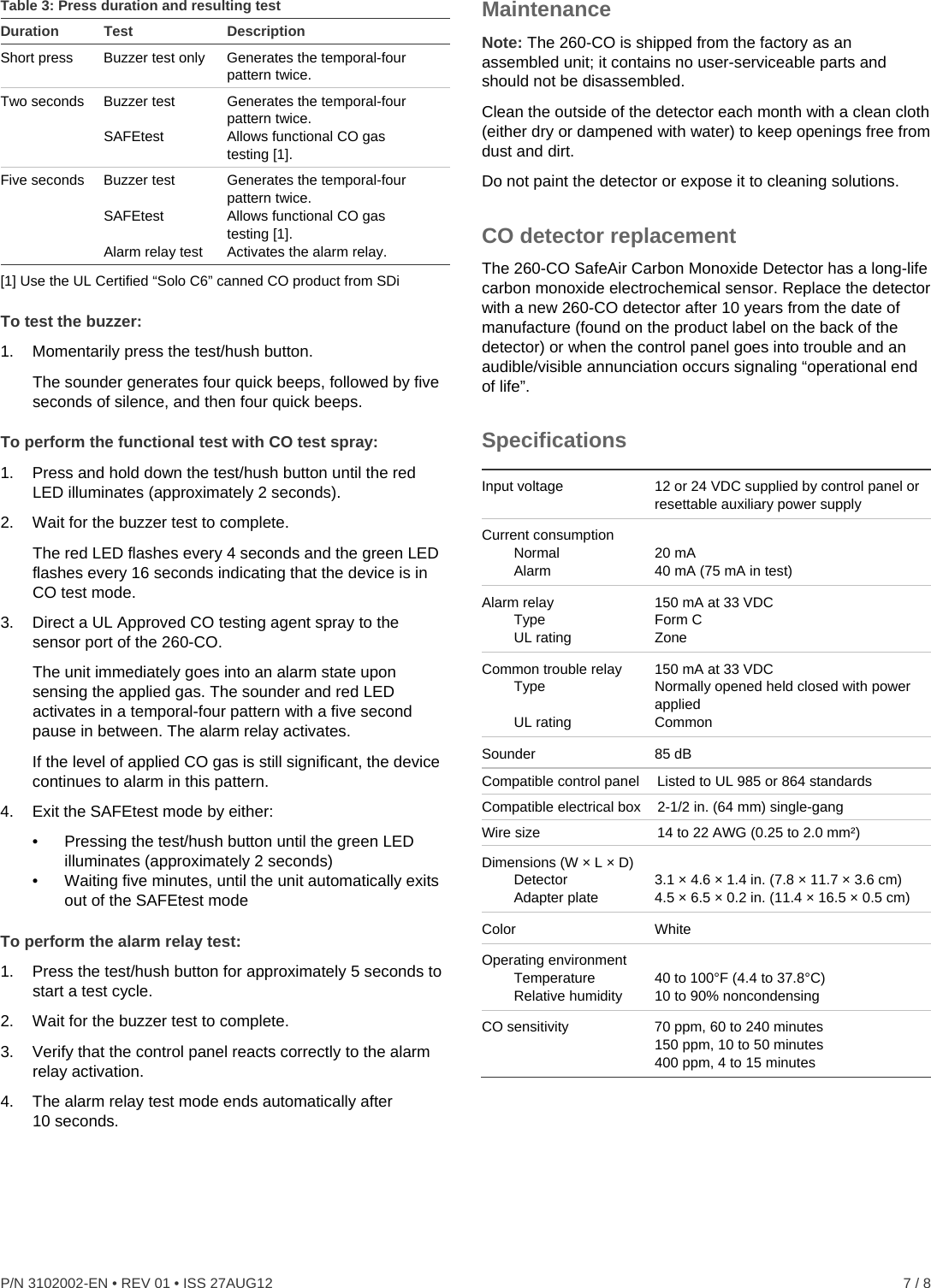 Page 7 of 8 - InterLogix 260-Co Safeair Carbon Monoxide Detector Installation Sheet - 3102002-EN R01 User Manual