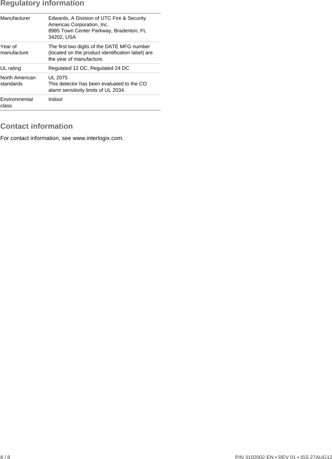 Page 8 of 8 - InterLogix 260-Co Safeair Carbon Monoxide Detector Installation Sheet - 3102002-EN R01 User Manual