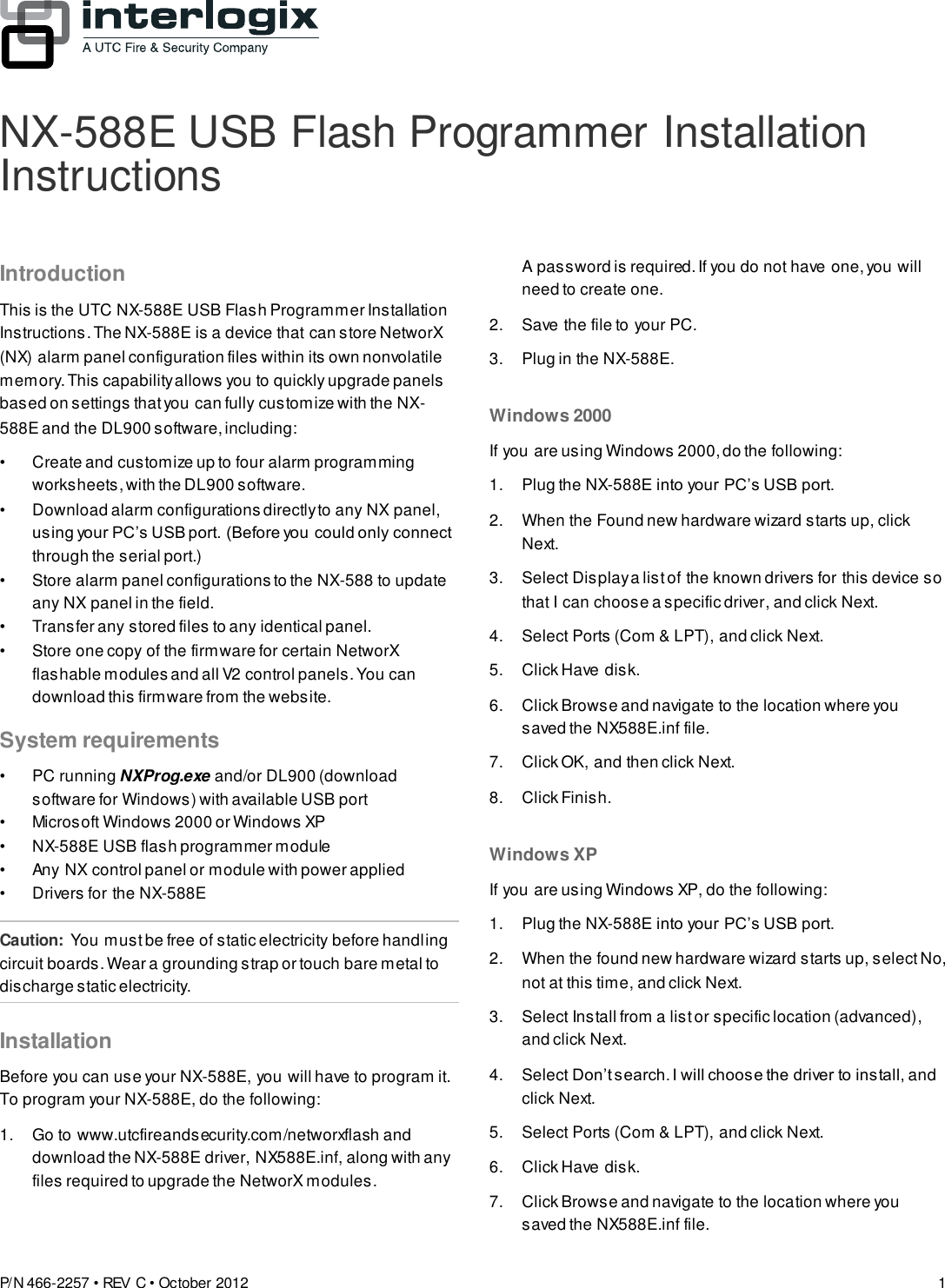 Page 1 of 5 - NX-588E USB Flash Programmer Installation Instructions  466-2257 REV C