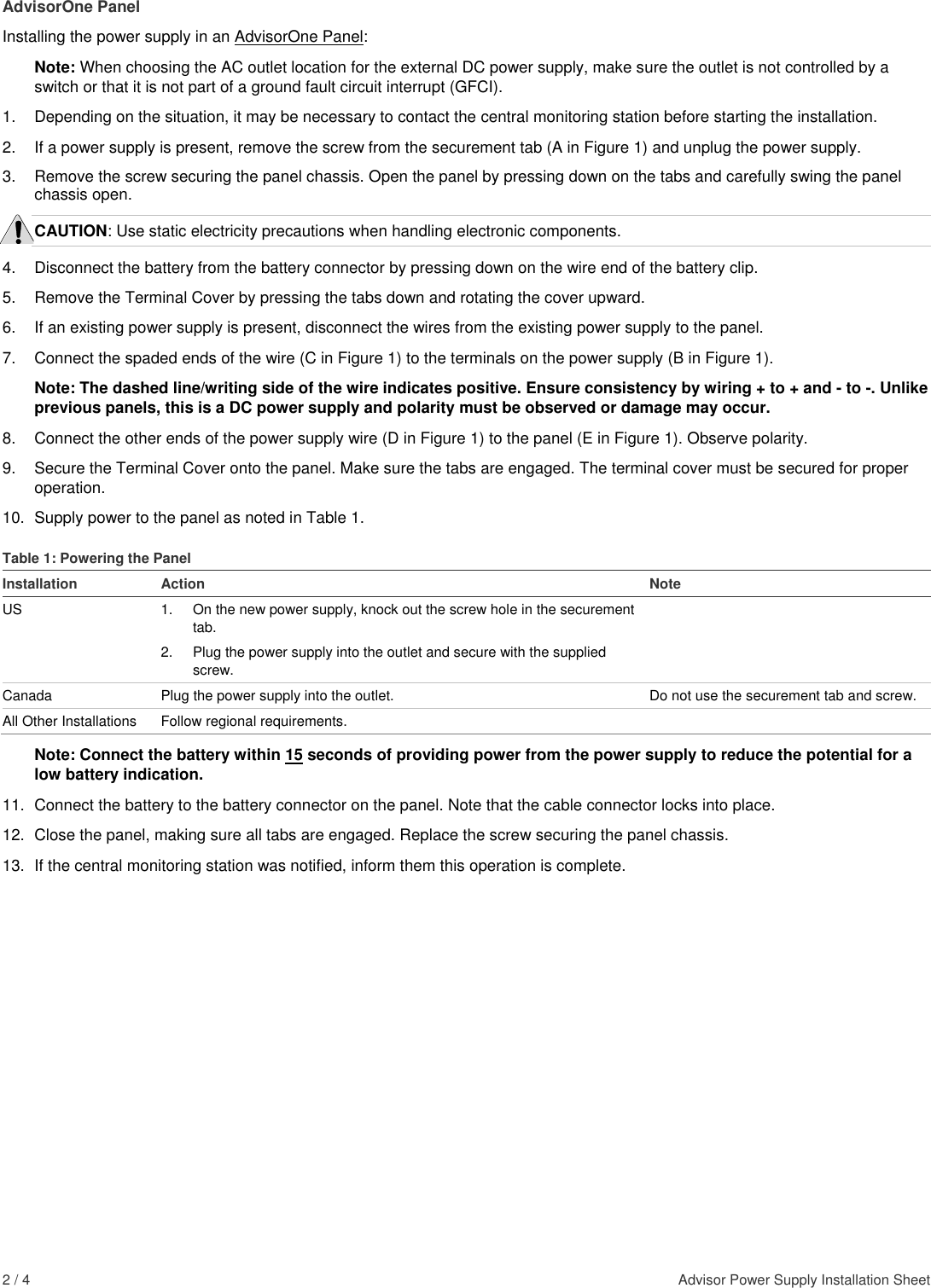Page 2 of 4 - InterLogix 466-4418-Advisor-Power-Supply-Install Advisor Power Supply Installation Sheet User Manual