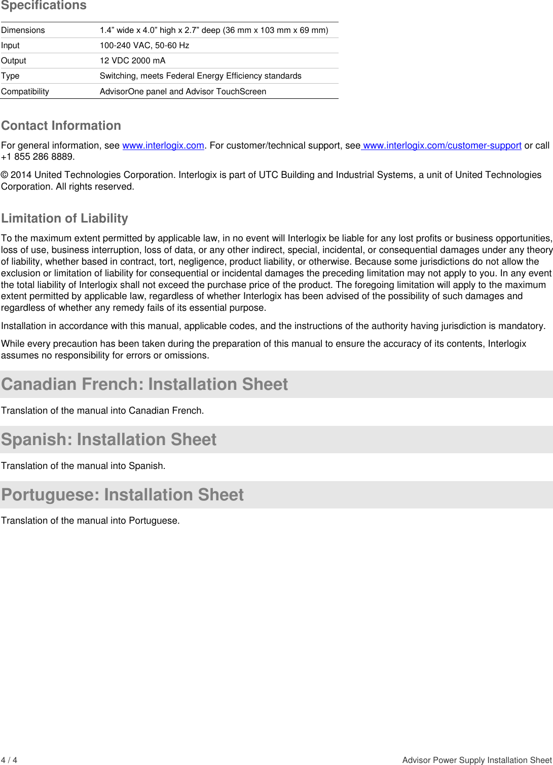Page 4 of 4 - InterLogix 466-4418-Advisor-Power-Supply-Install Advisor Power Supply Installation Sheet User Manual