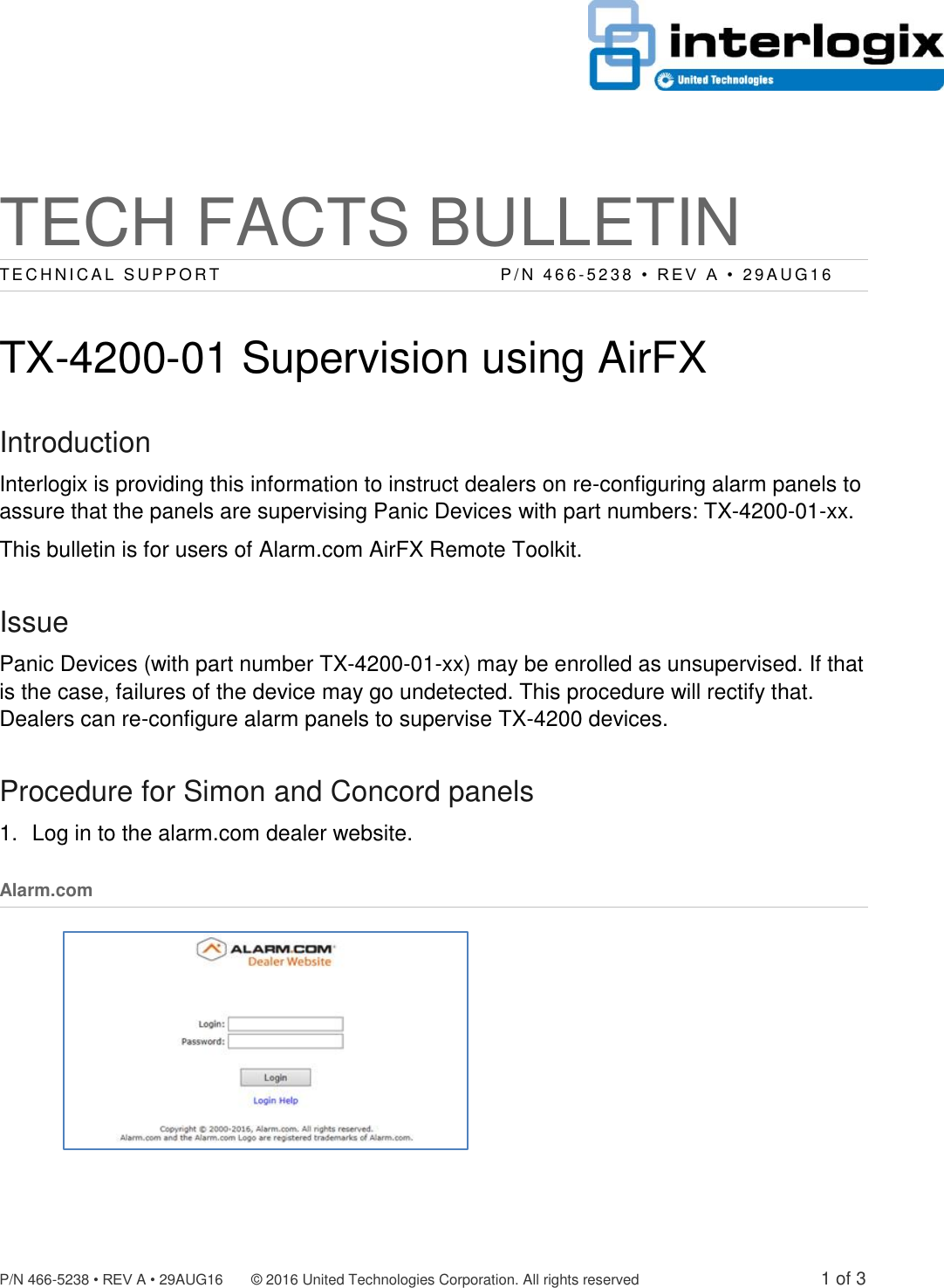 Page 1 of 3 - InterLogix 466-5238-Bulletin Panic-Device-Supervision-Airfx Product User Manual