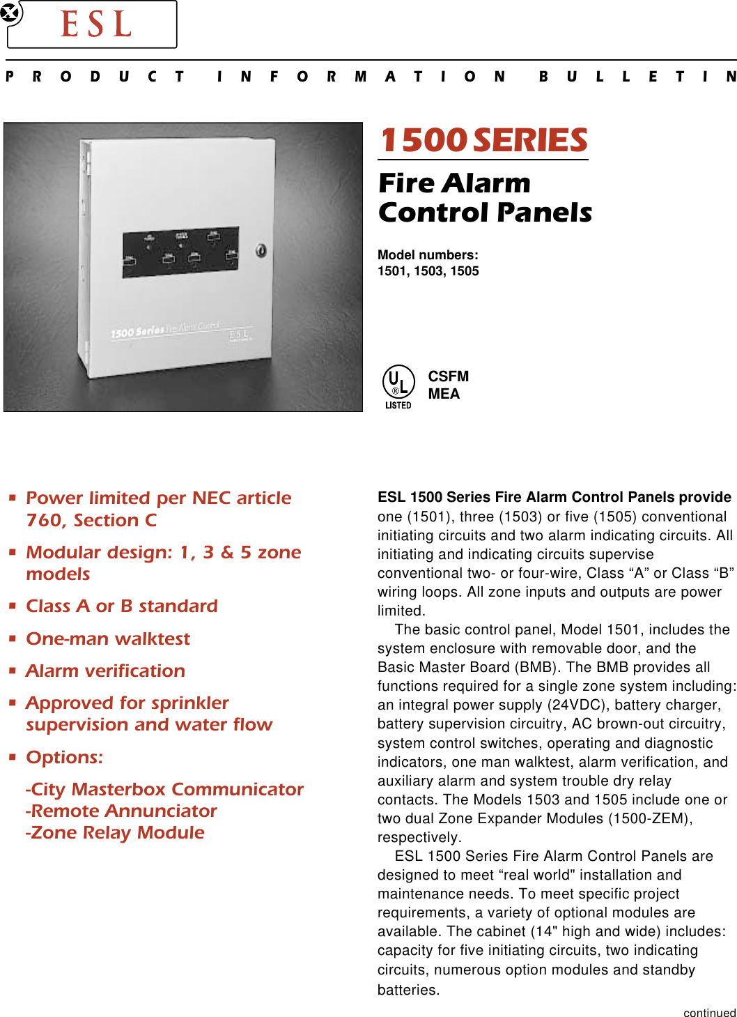 Page 1 of 4 - ESL 1500 Series Fire Alarm Control Panel Data Sheet 2001