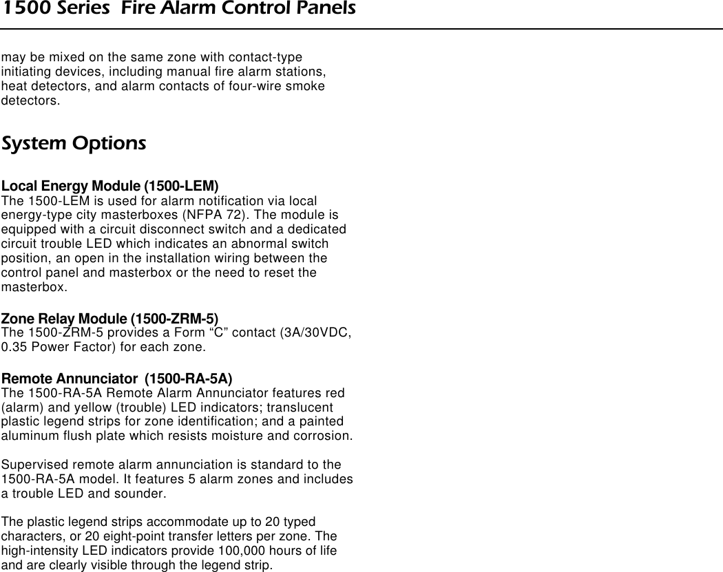 Page 3 of 4 - ESL 1500 Series Fire Alarm Control Panel Data Sheet 2001