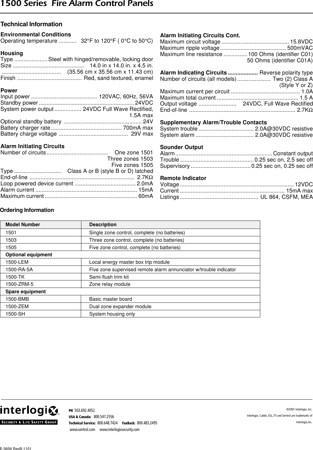 Page 4 of 4 - ESL 1500 Series Fire Alarm Control Panel Data Sheet 2001