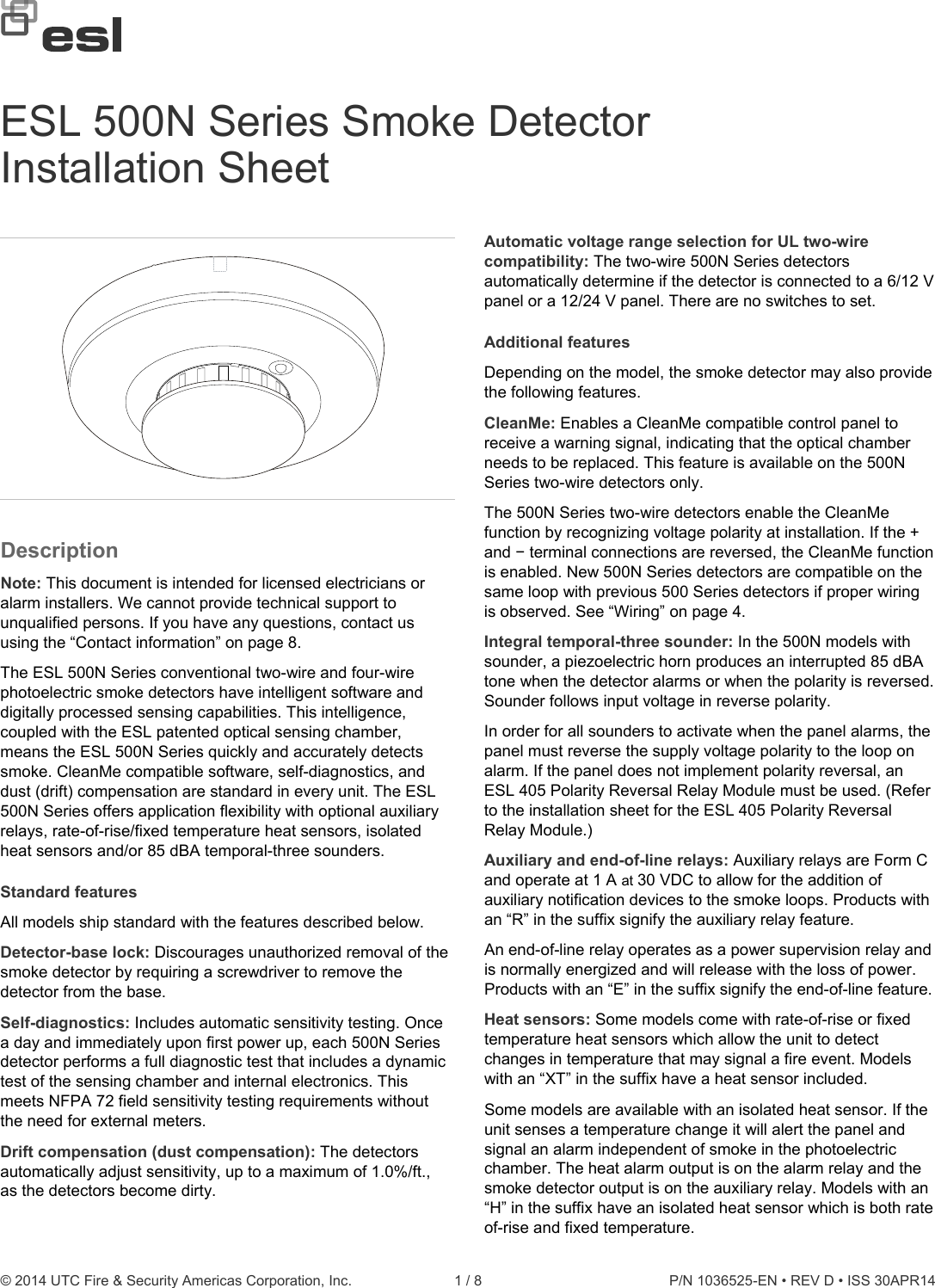Page 1 of 8 - InterLogix Esl-500N-Series-Installation-Instructions User Manual