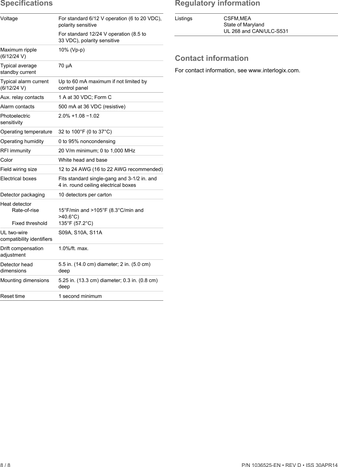 Page 8 of 8 - InterLogix Esl-500N-Series-Installation-Instructions User Manual
