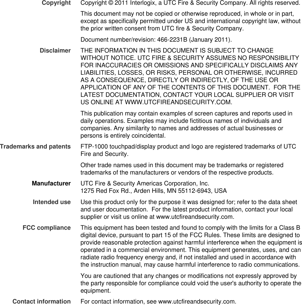 Page 2 of 11 - FTP-1000 Touchpad/Display Installation Manual  Touchpad-Display Install 466-2231 REV B